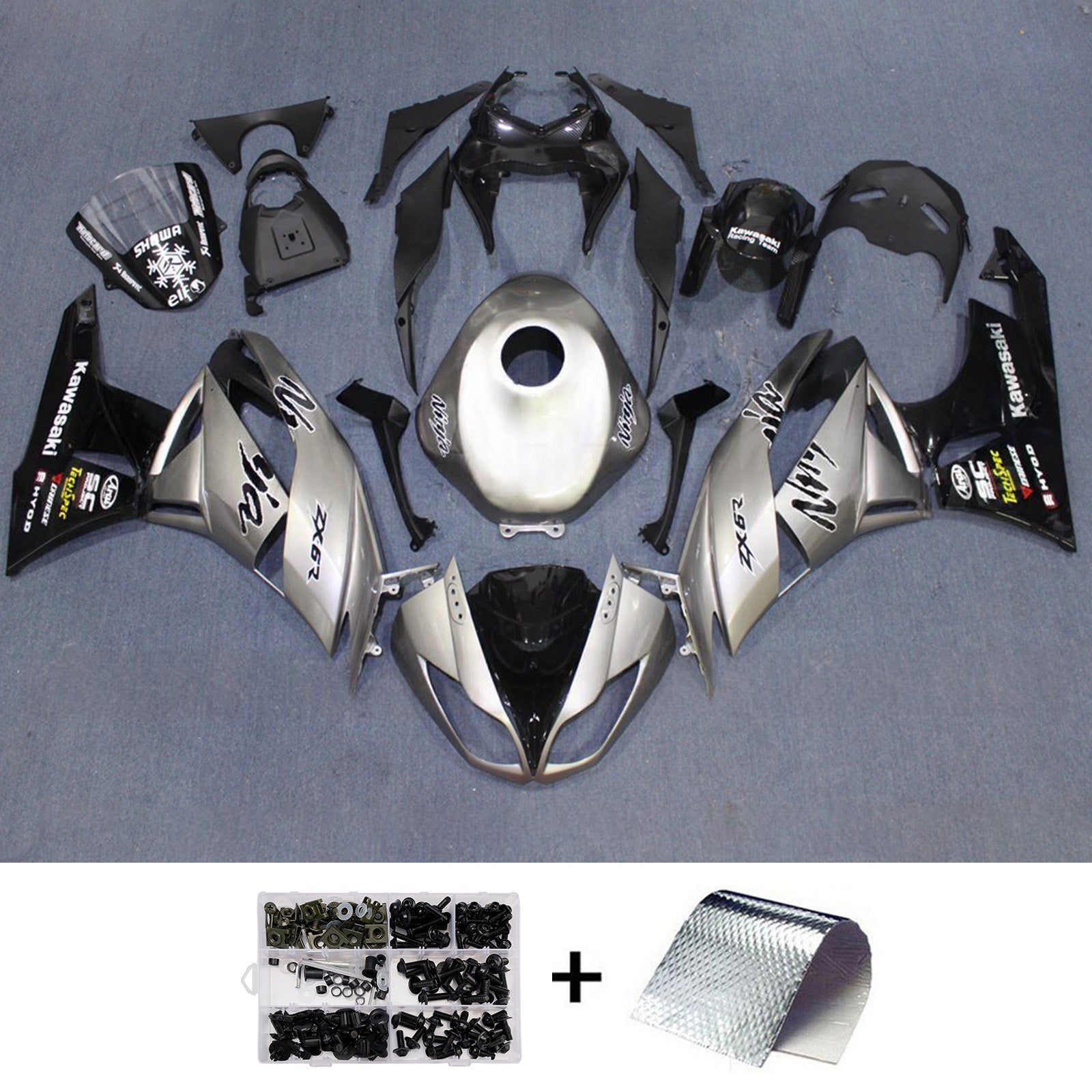 Amotopart 2009-2012 Kawasaki ZX6R 636 Gray Black Fairing Kit