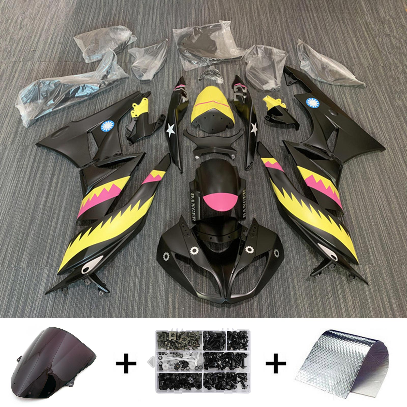 Amotopart Kawasaki 2009-2012 ZX6R 636 Kit de carenado negro y amarillo