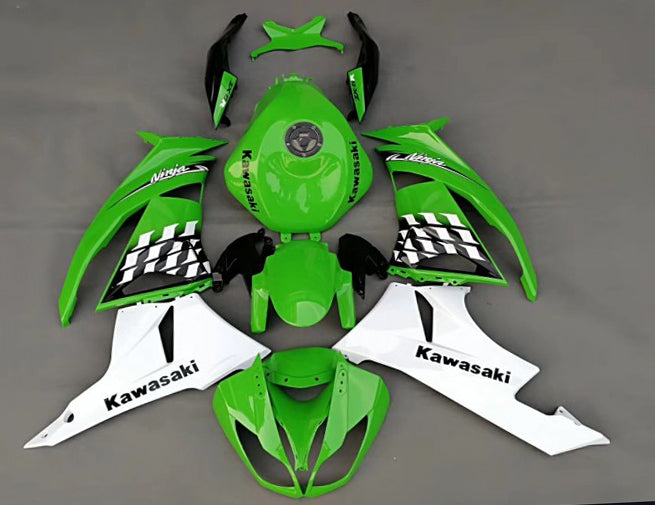 Amotopart Kawasaki 2009–2012 ZX6R 636 Grün-Weiß Style1 Verkleidungsset