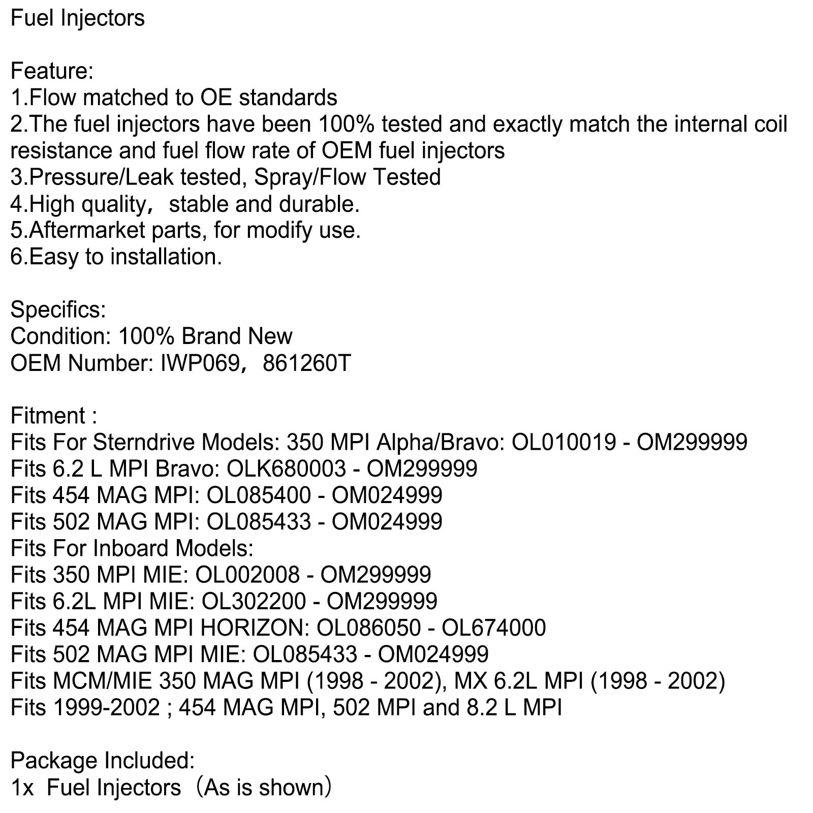 Fiat Marine Mercruiser Fuel Injectors 861260T IWP069