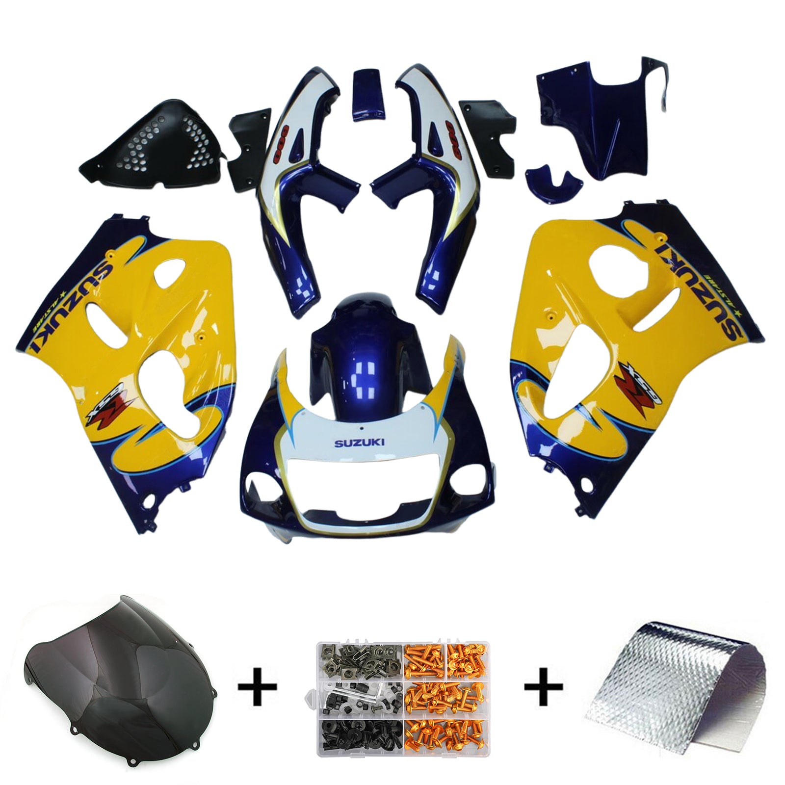 Amotopart Verkleidungsset für Suzuki GSXR600 1996–2000, GSXR750 1996–1999, Blau und Gelb, Stil 1