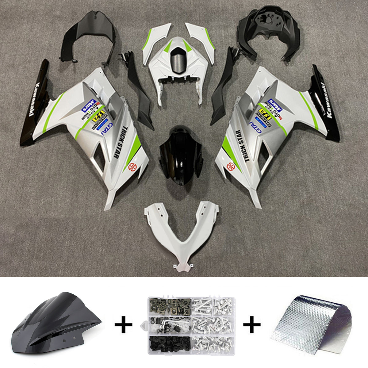 Amotopart 2013-2024 Kawasaki EX300/Ninja300 Weiß-Silber-Verkleidungssatz