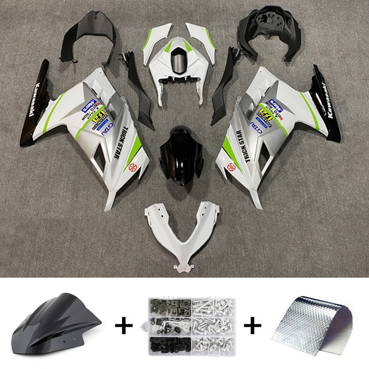 Amotopart 2013-2024 Kawasaki EX300/Ninja 300 ホワイト シルバー フェアリングキット