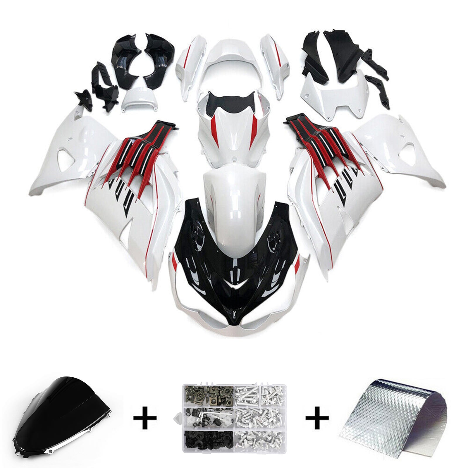 Amotopart 2012-2022 Kawasaki ZX14R ZZR1400 Kit de carenado negro, blanco y rojo