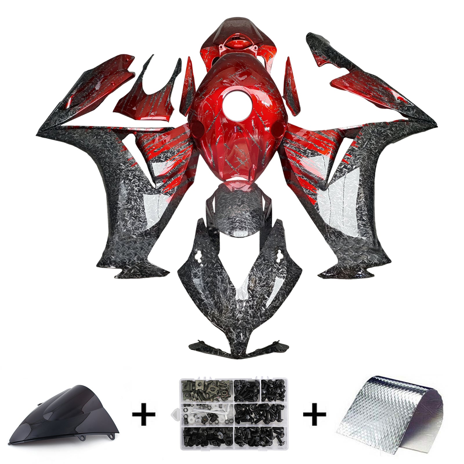 Amotopart Honda CBR1000RR Rouge 2012-2016 & Kit de carénage à motifs en fibre de carbone forgée