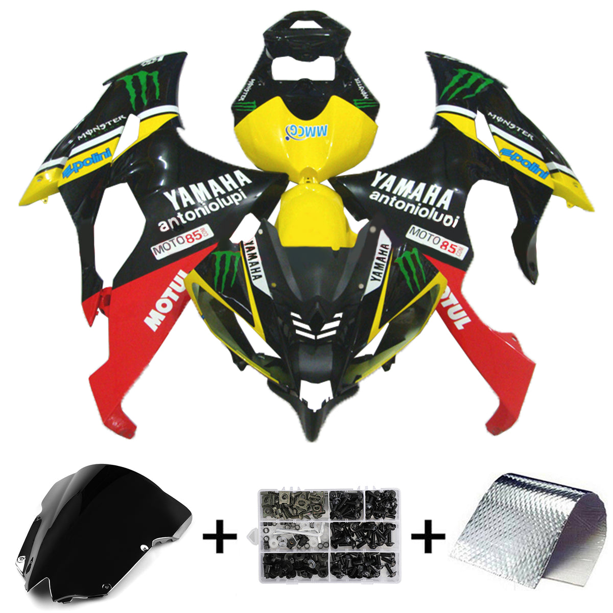 Amotopart 2008–2016 Yamaha YZF 600 R6 Gelb &amp; Schwarz Monster Style3 Verkleidungsset
