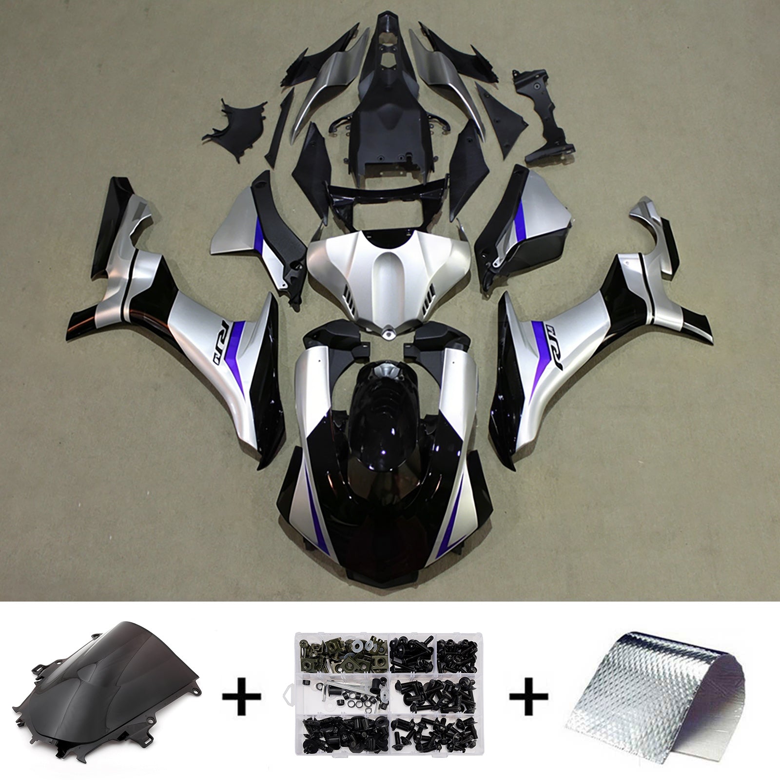 Amotopart 2015-2019 Yamaha YZF 1000 R1 Black/Silver Fairing Kit