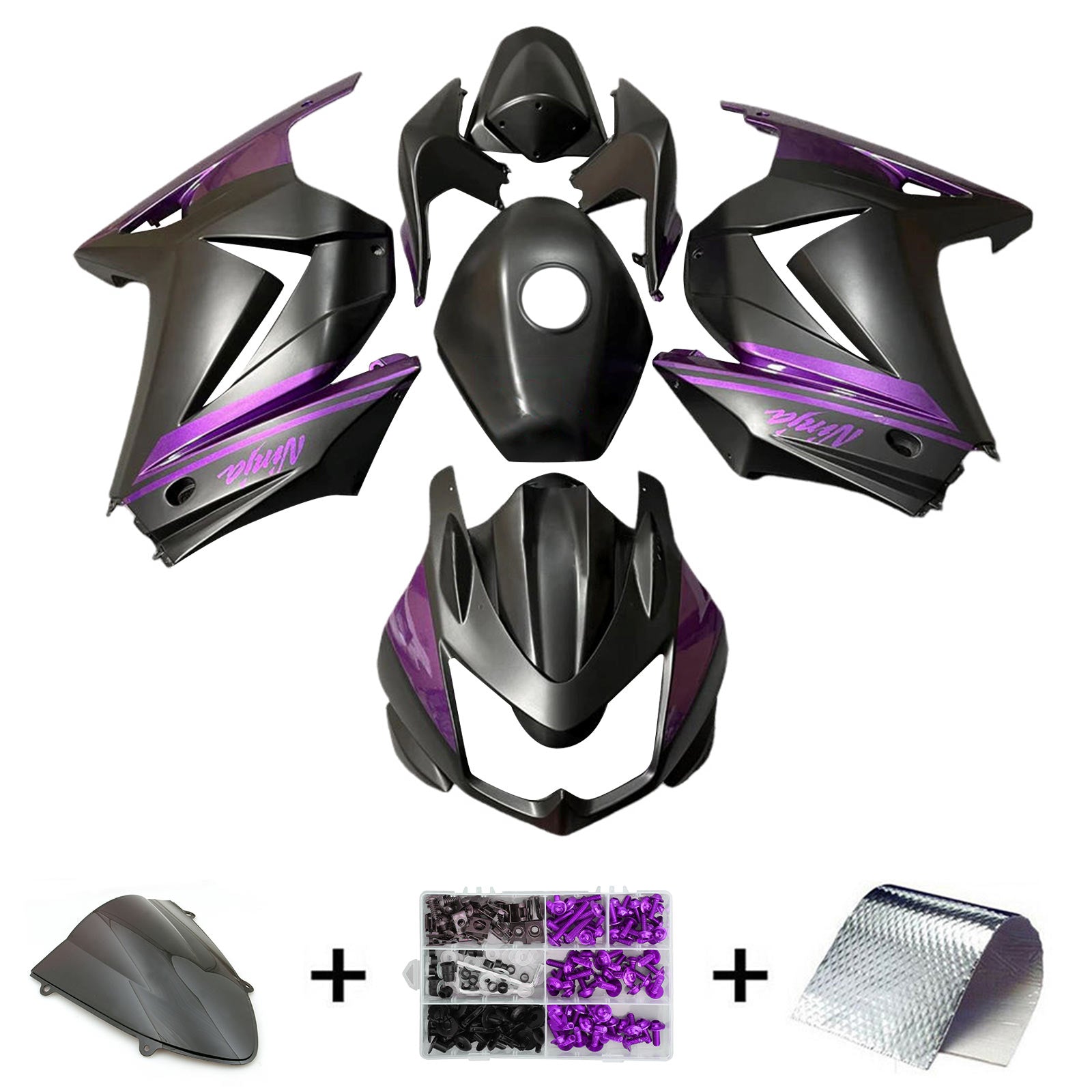 Amotopart 2008-2012 Kawasaki EX250 Ninja250R Kit de carénage noir et violet