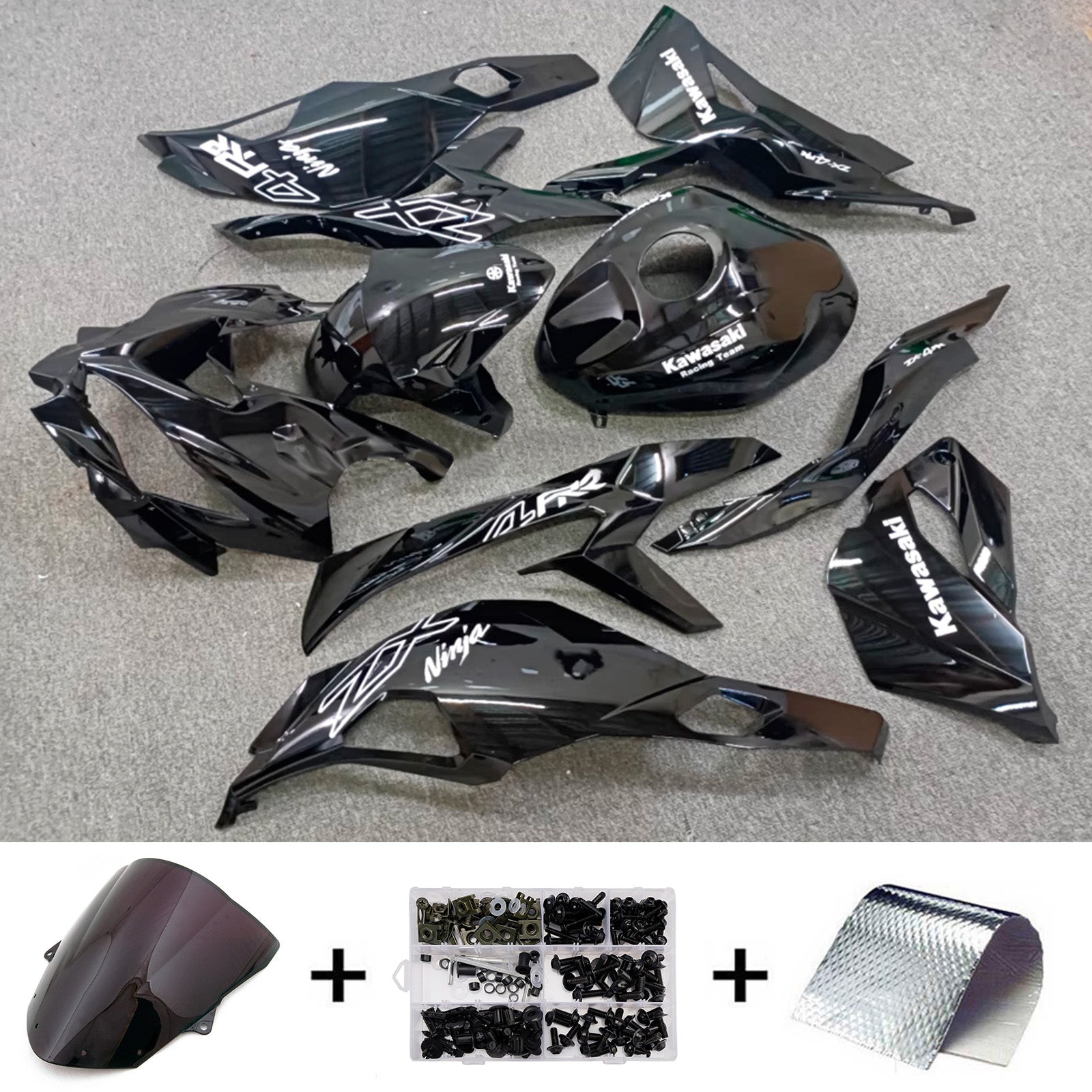 Amotopart 2024-2025 Kawasaki ZX-6R Glossy Black with White Fairing Kit