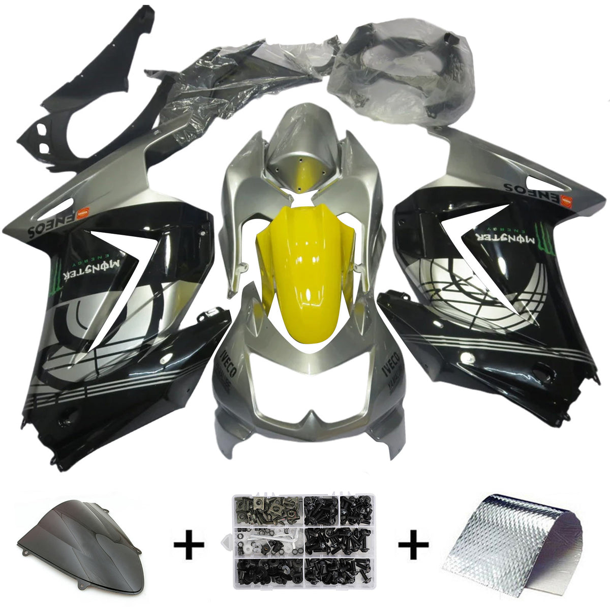 Amotopart 2008-2012 Kawasaki EX250 Ninja250R Kit de carénage noir gris argent jaune