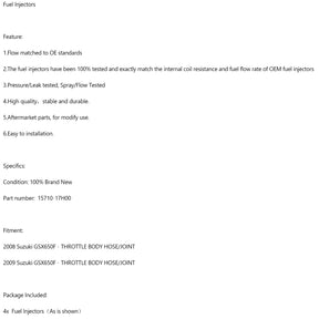 4 pièces 2008-2009 Suzuki GSX650F tuyau de corps de papillon/JOINT injecteur de carburant 12 trous 15710-17H00