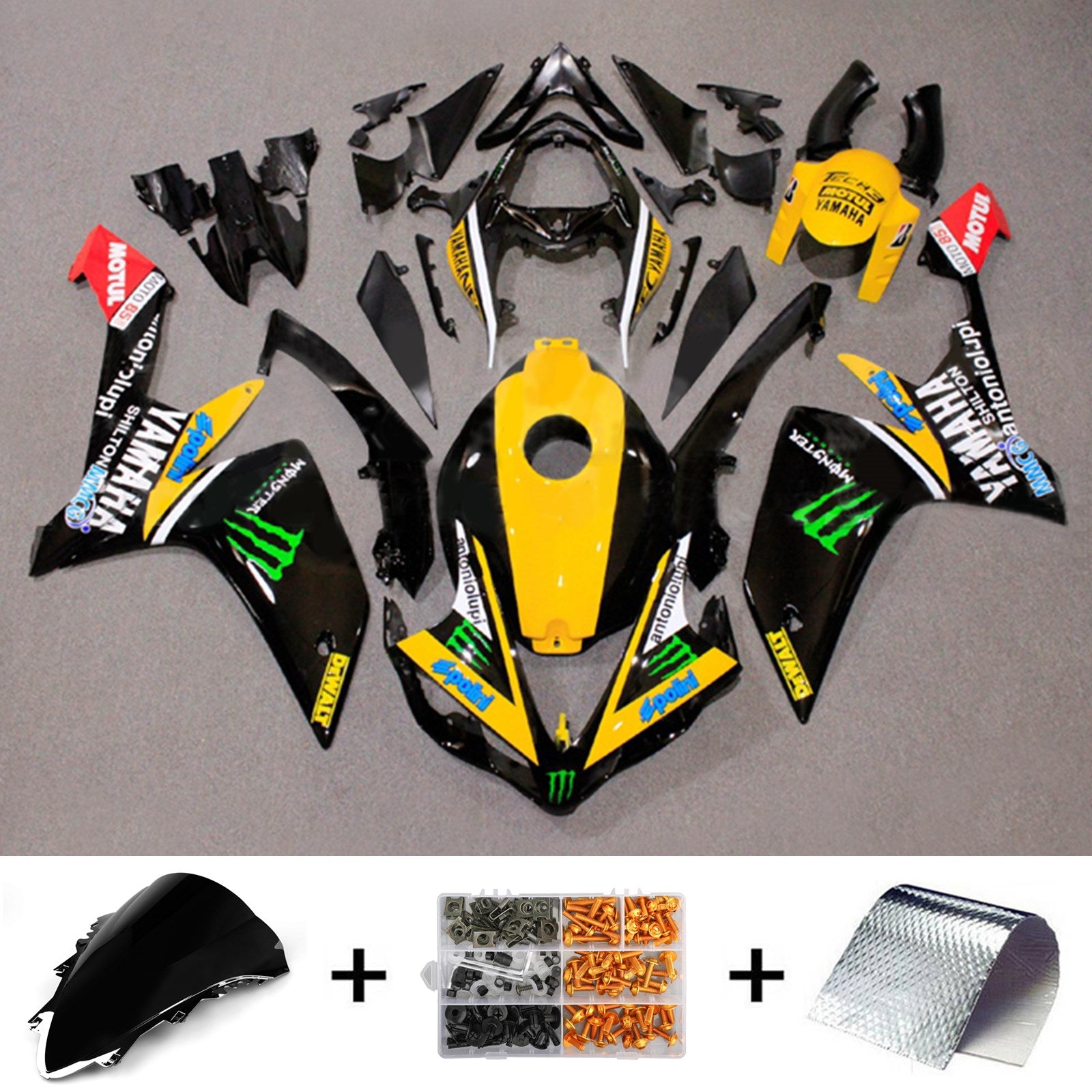 Amotopart 2007-2008 Yamaha YZF 1000 R1 amarillo y negro con kit de carenado con logotipo Monster