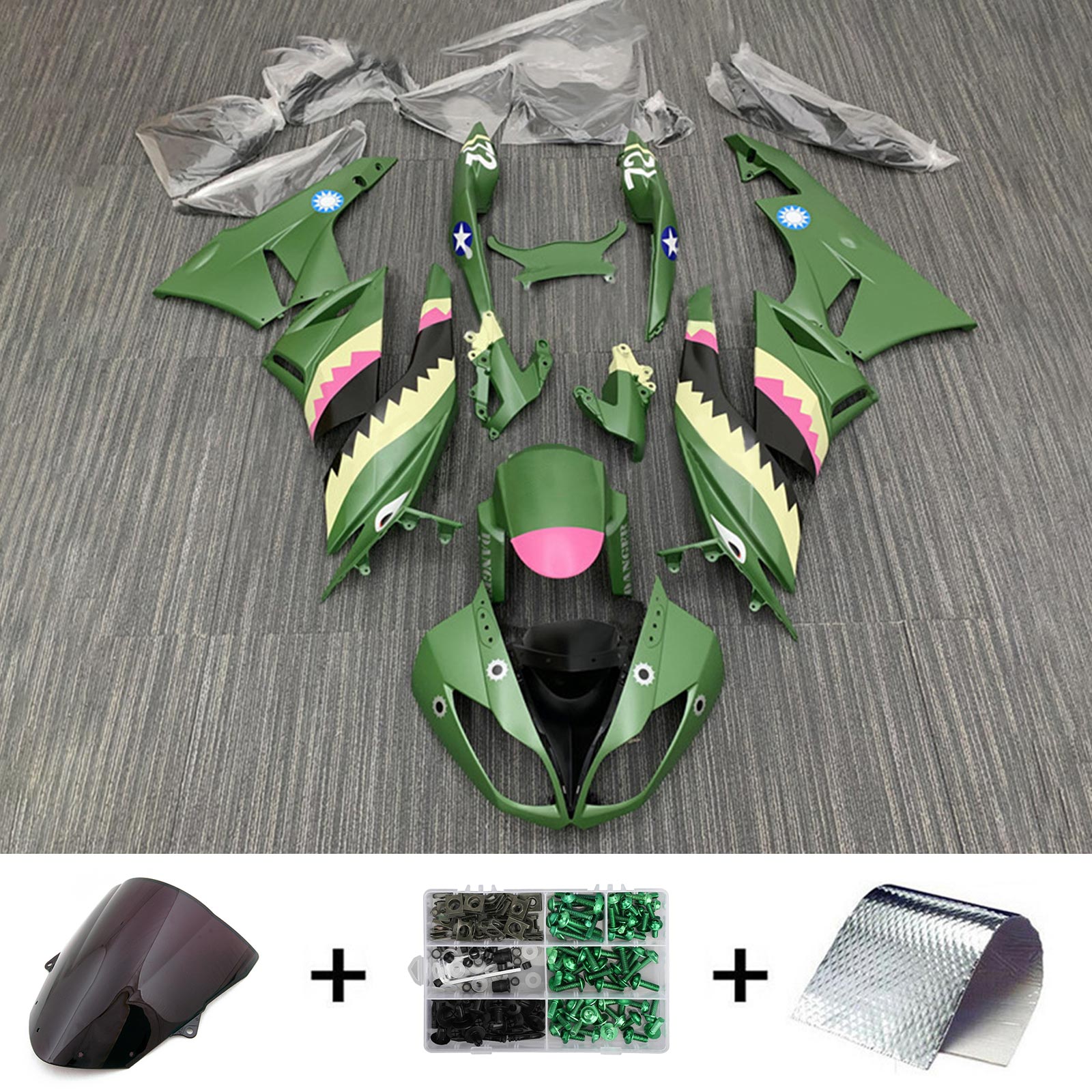 Amotopart Kawasaki 2009-2012 ZX6R 636 Kit de carénage requin vert mat