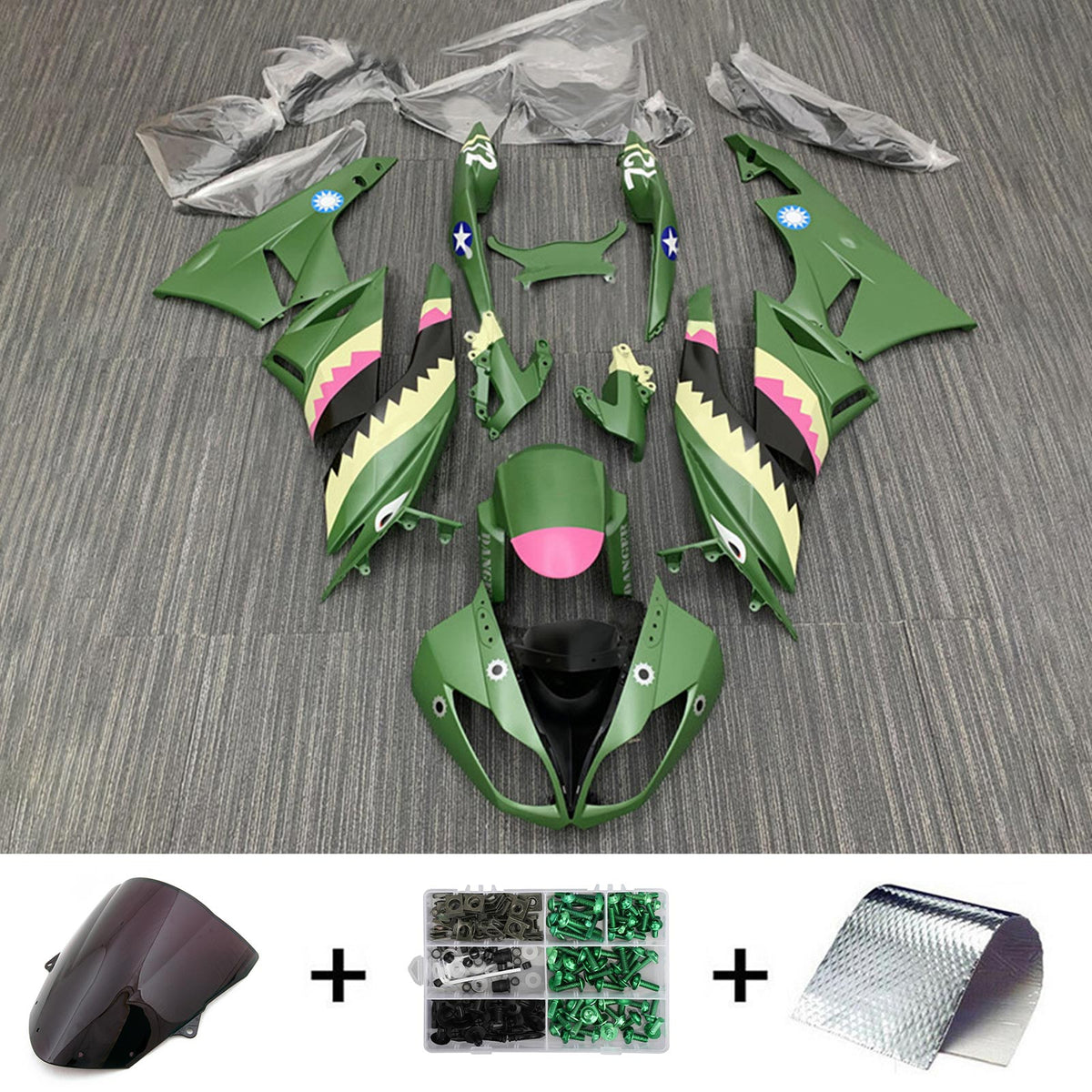 Amotopart Kawasaki 2009-2012 ZX6R 636 Kit carena squalo verde opaco