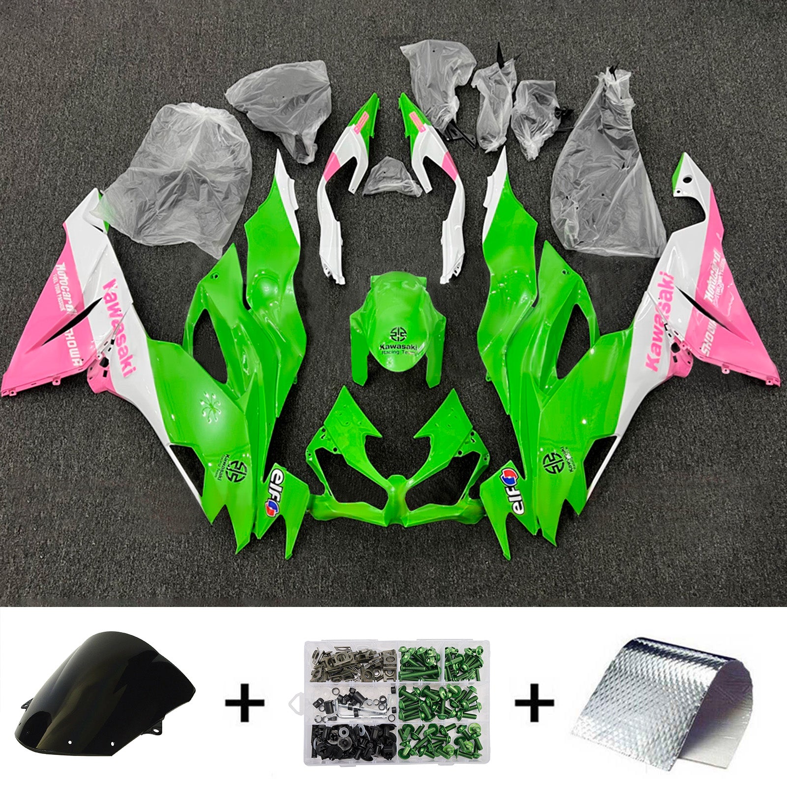 Amotopart 2019-2023 Kawasaki ZX6R Green Pink White Fairing Kit