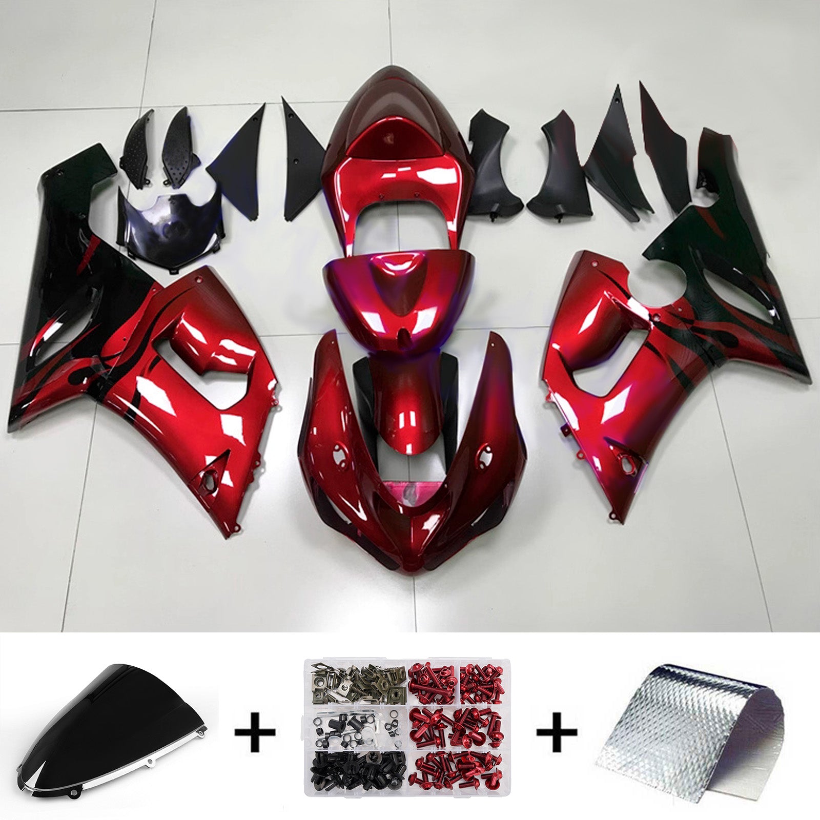 Amotopart 2005-2006 Kawasaki ZX6R 636 Glossy Red Black Fairing Kit