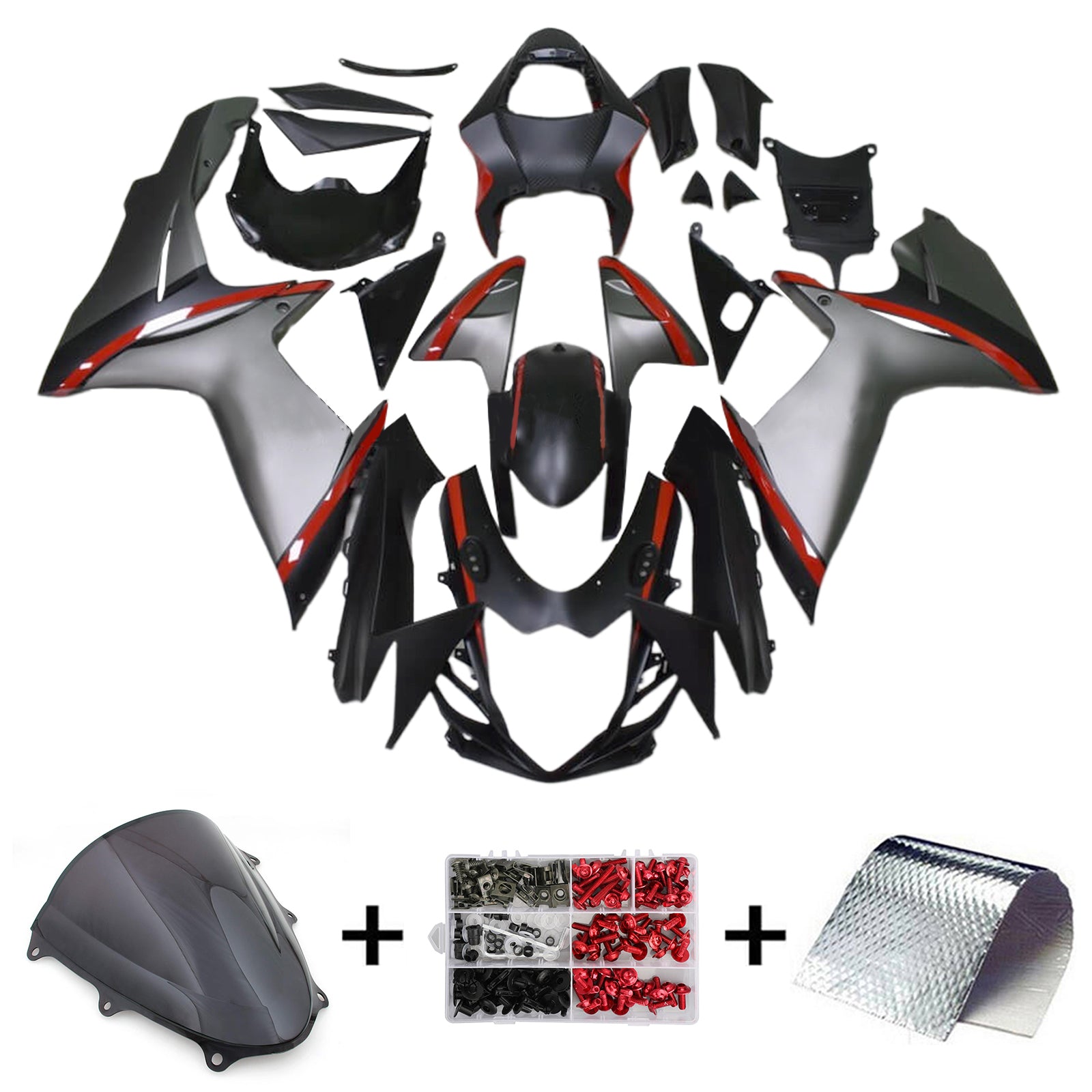 Amotopart 2011-2024 K11 GSXR 600/750 Suzuki Black&Grey and Red Stripe Fairing Kit