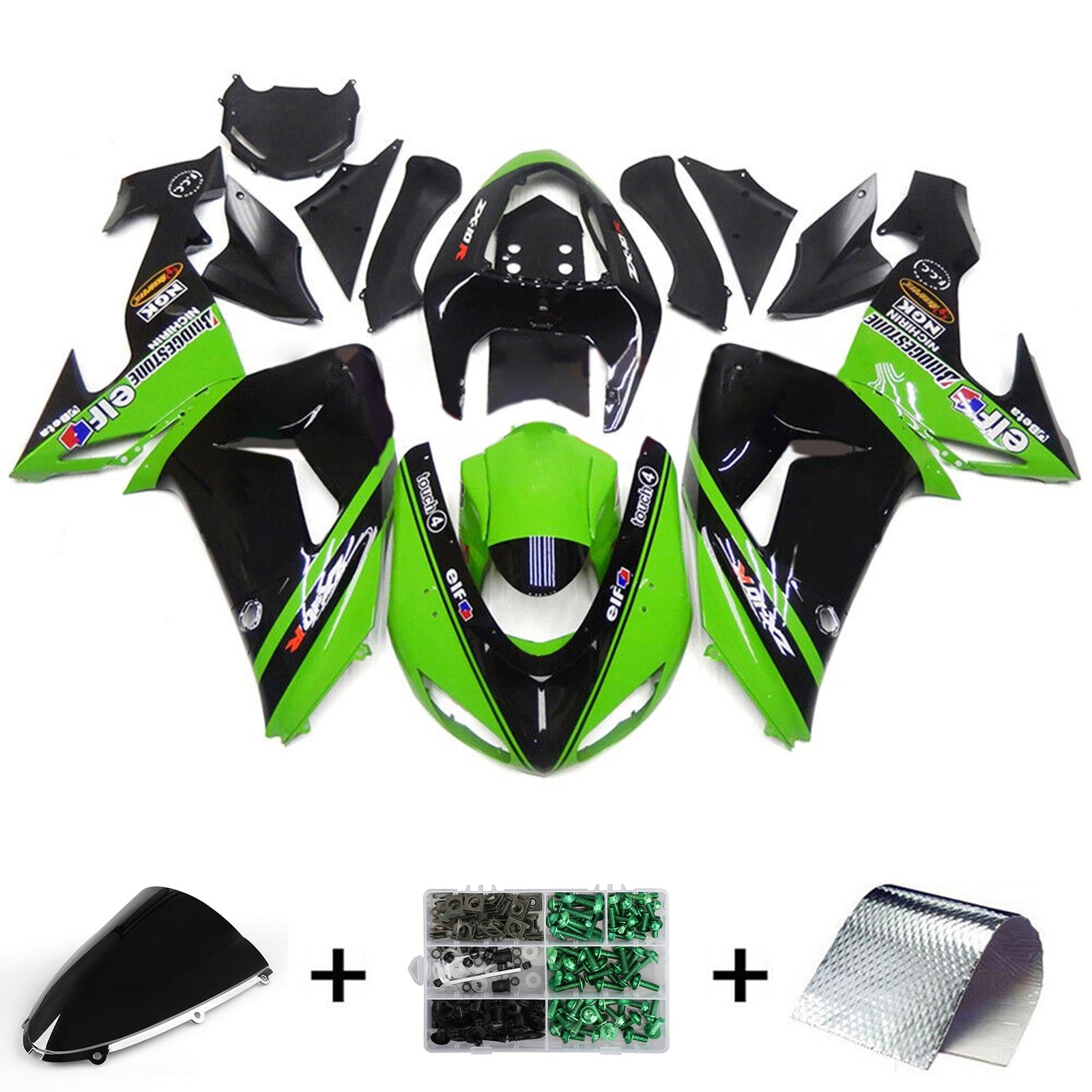 Amotopart 2006–2007 Kawasaki ZX10R Grün &amp; Schwarz Style1 Verkleidungsset