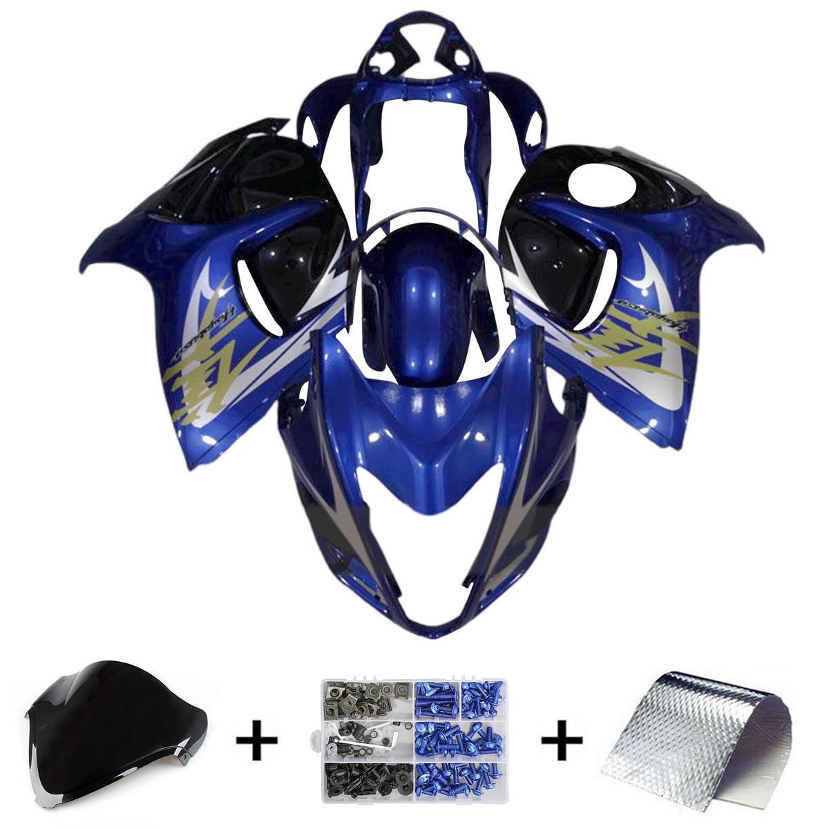 Amotopart 2008-2020 GSX1300R Hayabusa Suzuki Kit de carénage bleu avec accents blancs