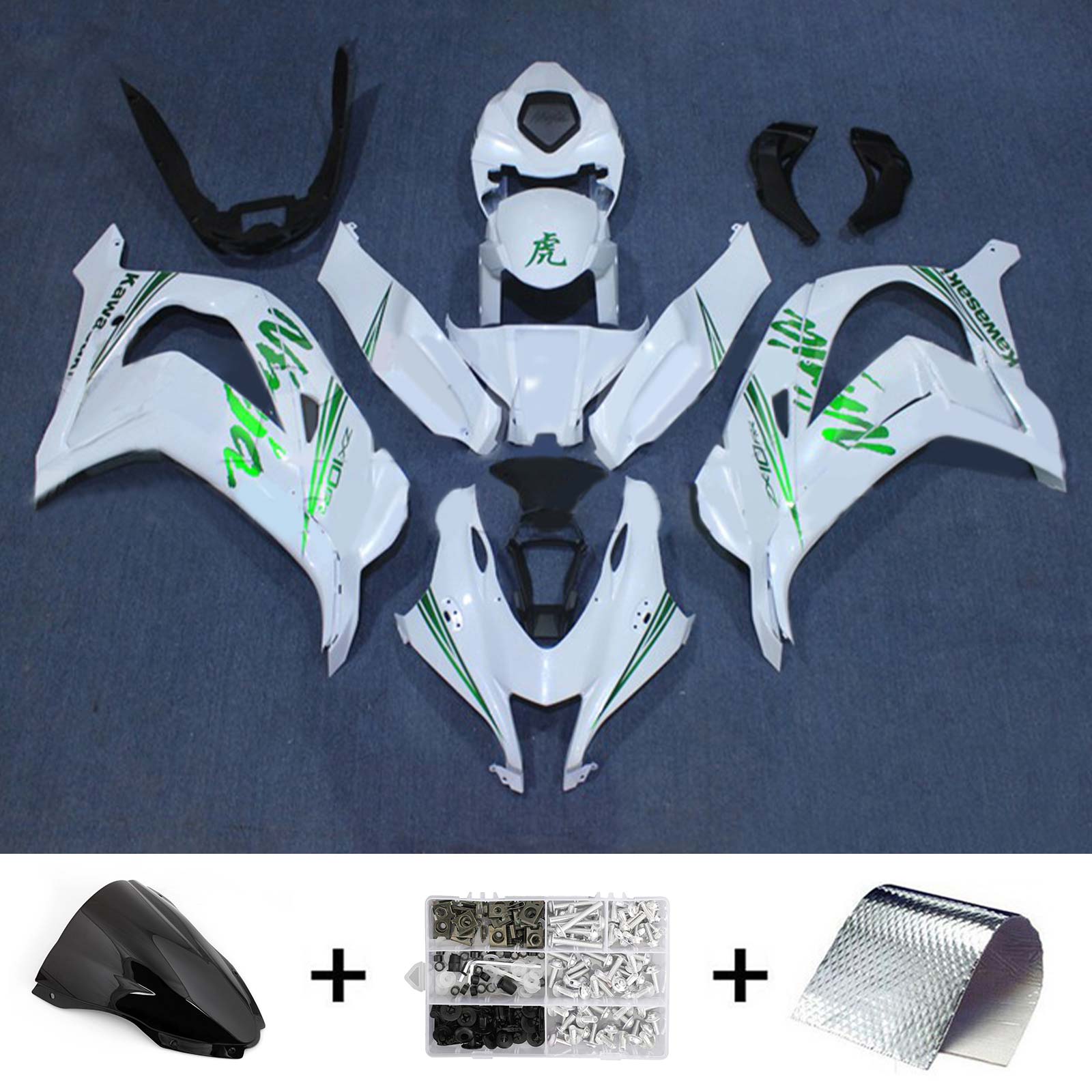 Amotopart 2016-2020 ZX10R Kawasaki blanco con kit de carenado con logotipo verde