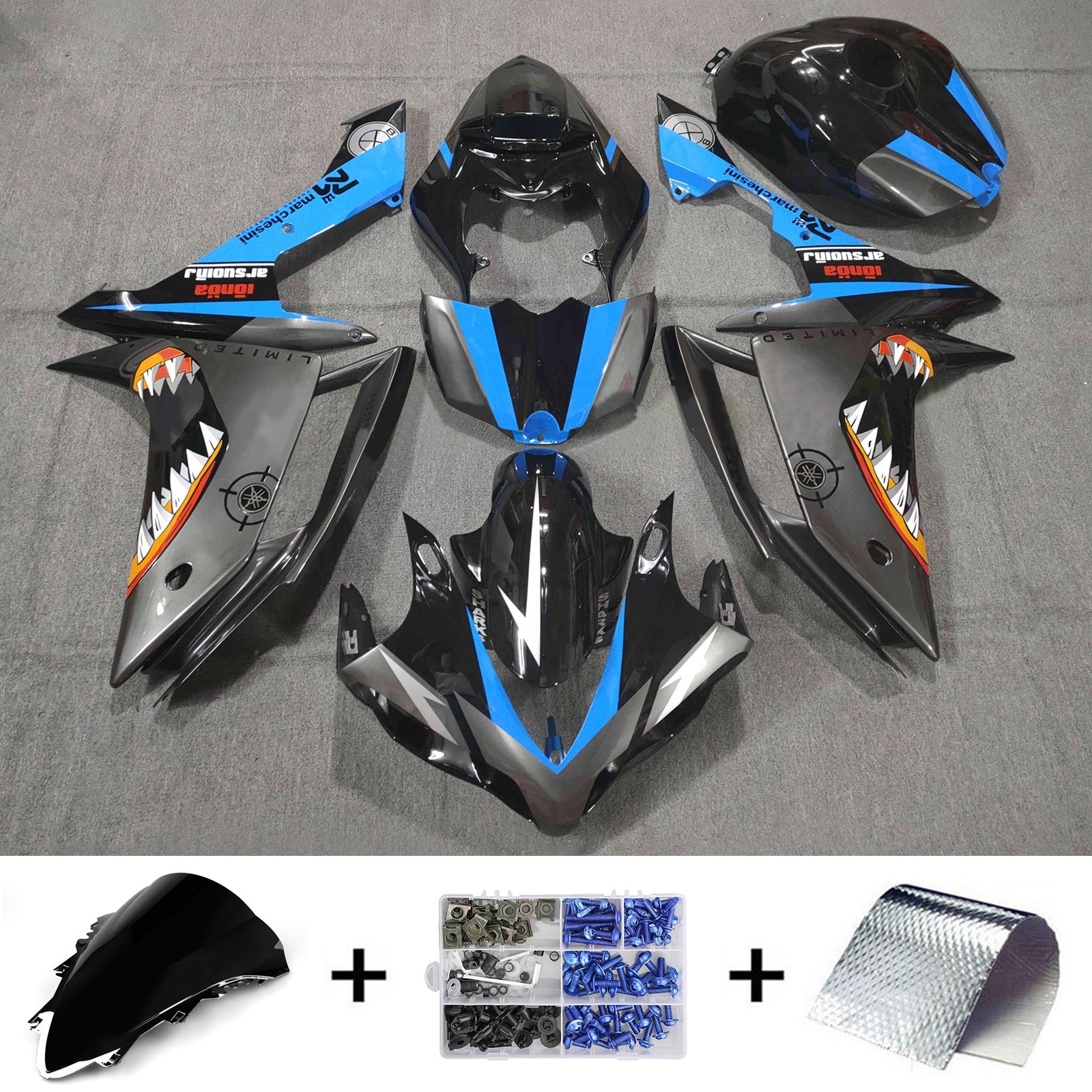 Amotopart 2007-2008 Yamaha YZF 1000 R1 Kit de carénage de dents de requin noir mat et bleu