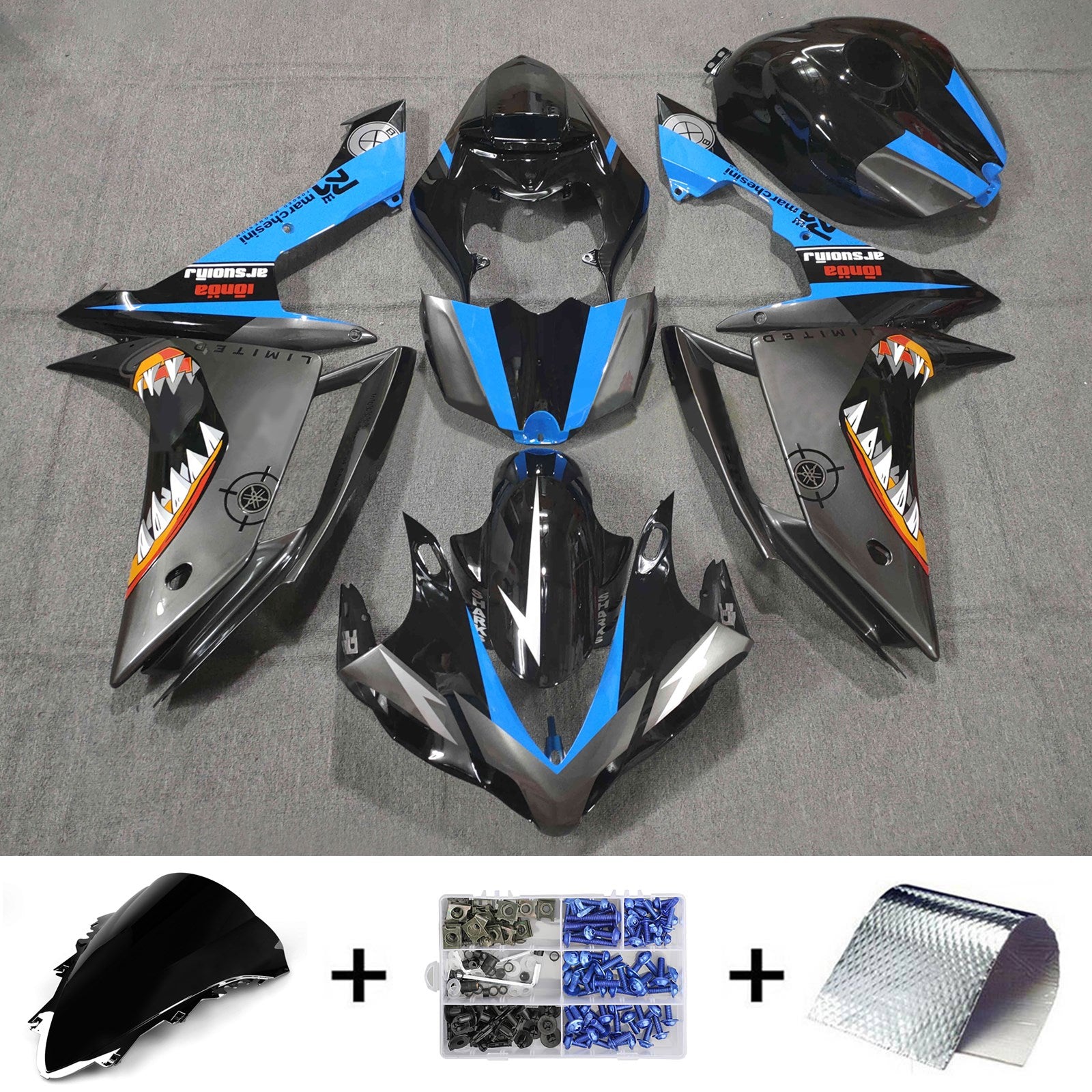 Amotopart 2007-2008 Yamaha YZF 1000 R1 Matte Black&Blue Shark Teeth Fairing Kit