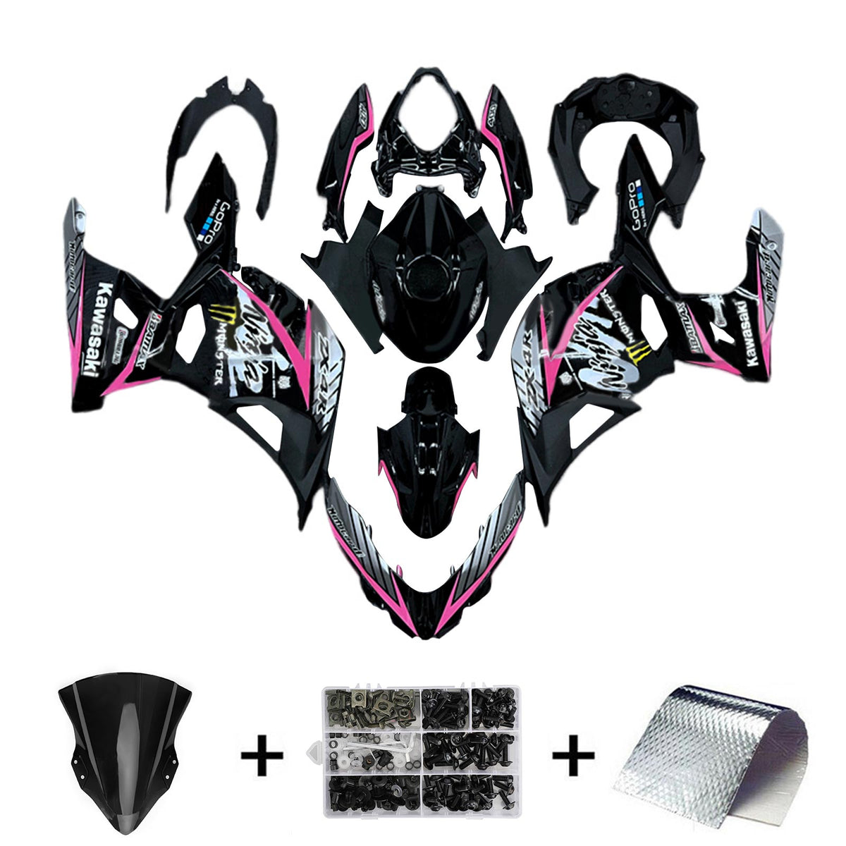 Amotopart 2018-2024 Kawasaki EX400 Ninja400 negro con kit de carenado rosa