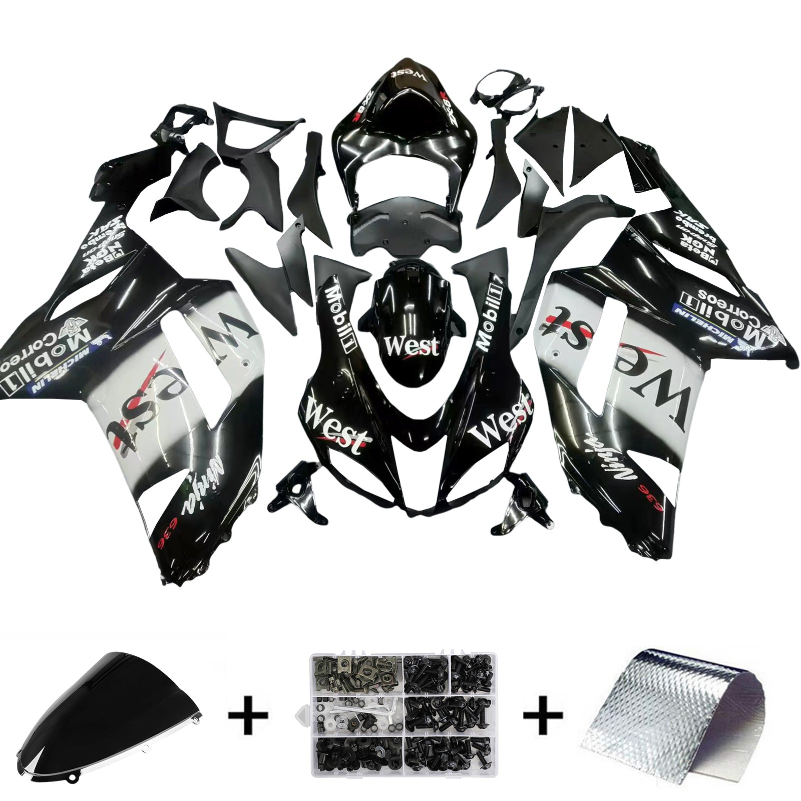 Amotopart 2007-2008 Kawasaki ZX6R 636 Black White Fairing Kit