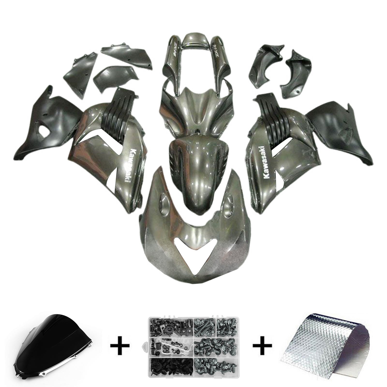 Amotopart 2006-2011 Kawasaki ZX14R ZZR1400 光沢のあるグレー & ホワイト フェアリングキット