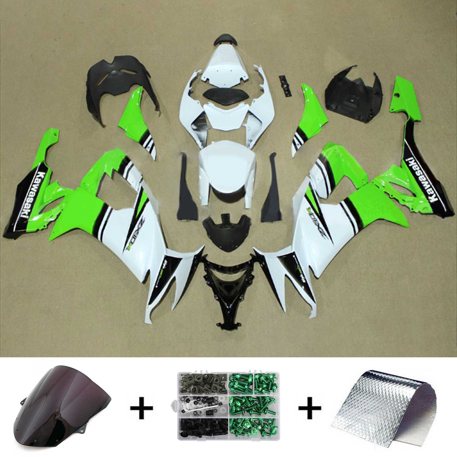 Kit de carénage Amotopart 2008-2010 Kawasaki ZX10R vert et blanc Style2