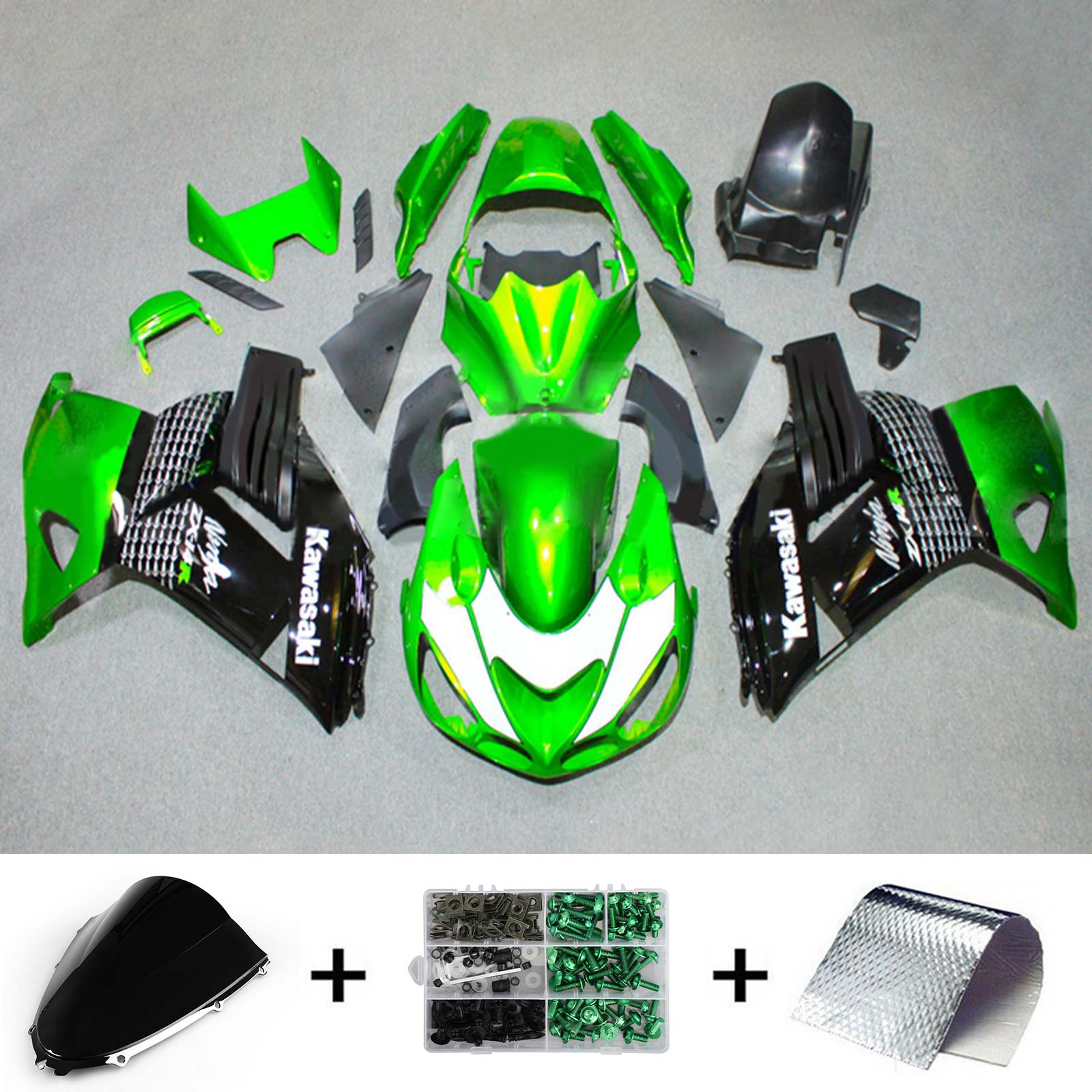 Amotopart 2006–2011 Kawasaki ZX14R Grün &amp; Schwarz Style3 Verkleidungsset