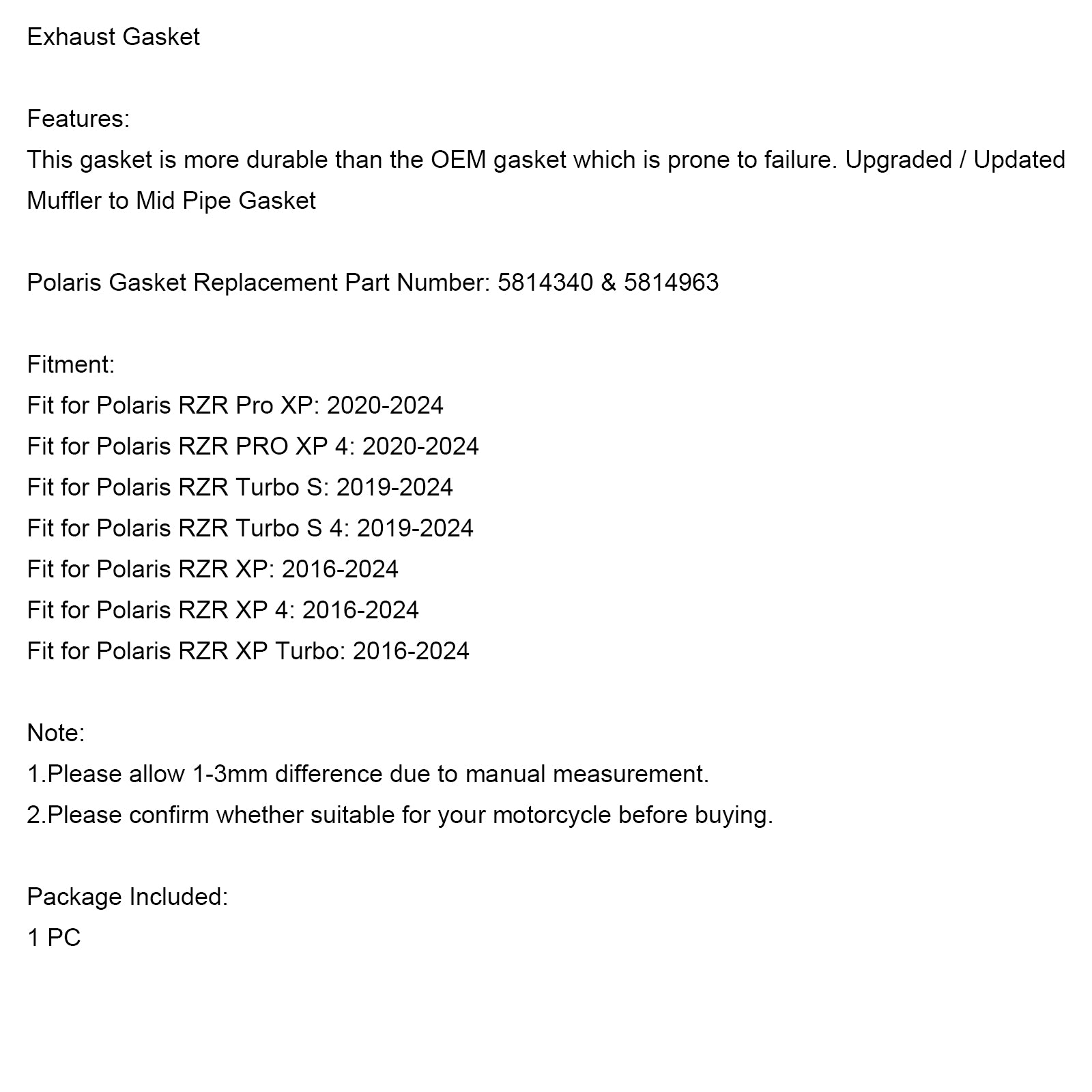 16-23 Polaris RZR Turbo XP PRO Upgraded Exhaust Gasket 5814340 5814963