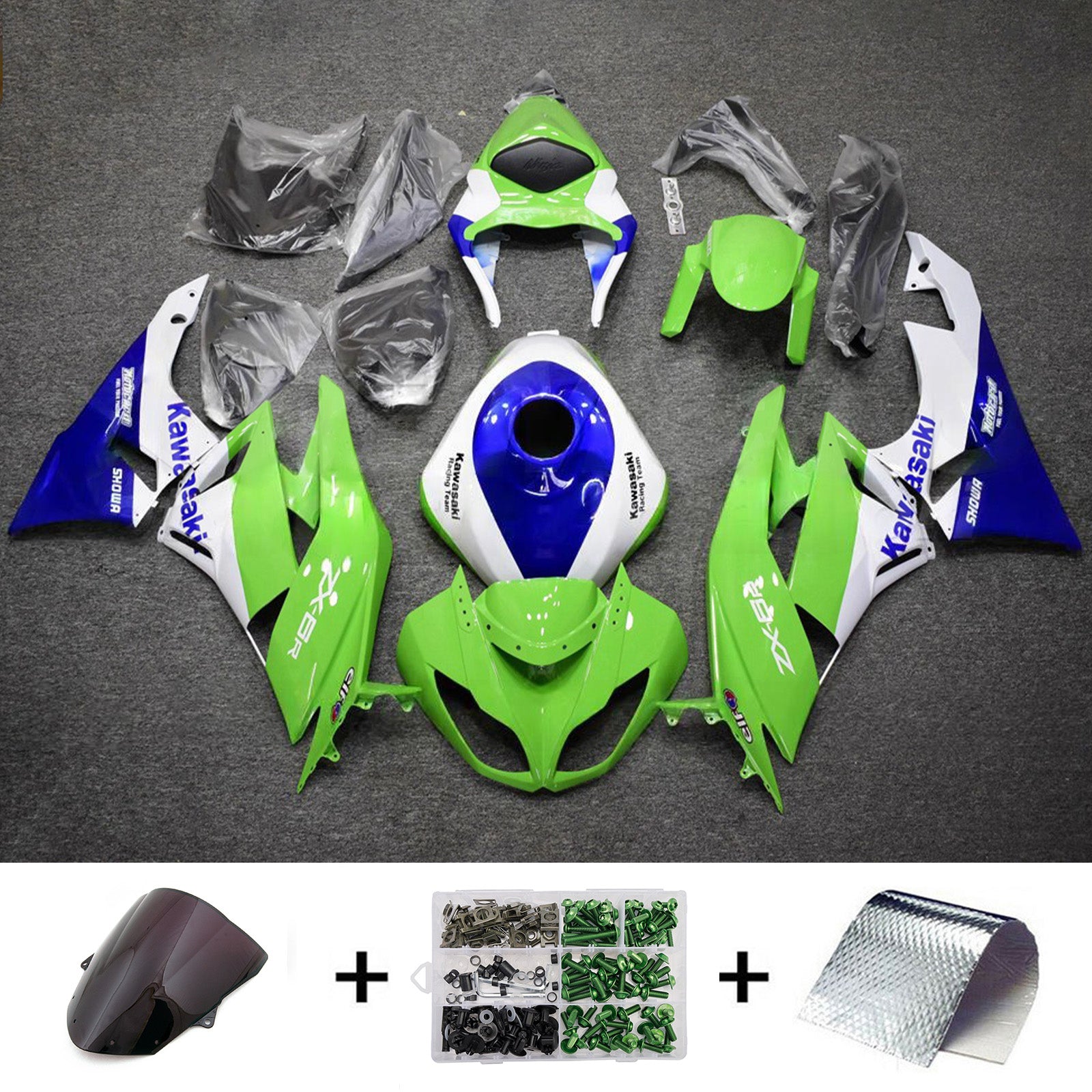 Amotopart 2009-2012 Kawasaki ZX6R 636 Green Blue White Fairing Kit