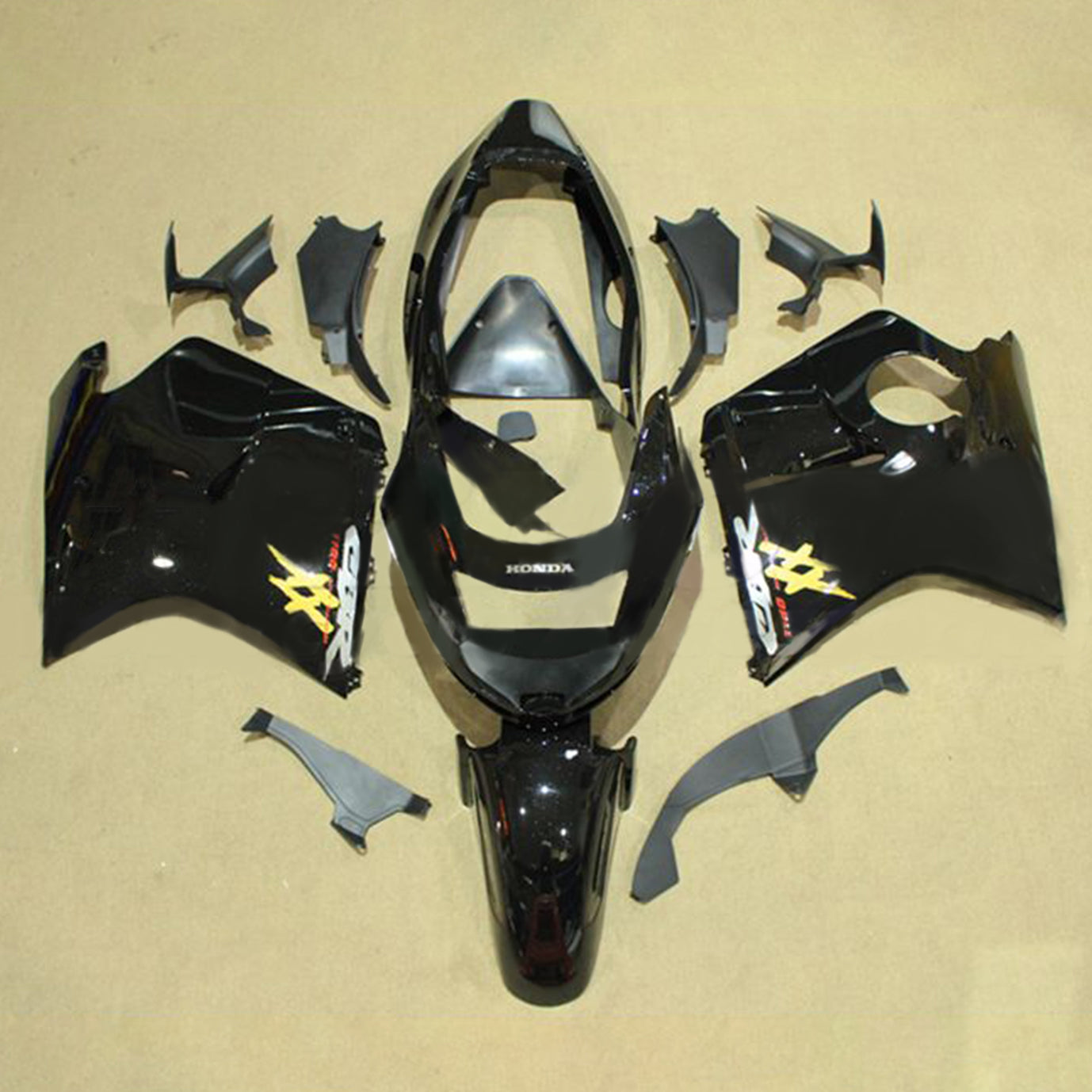 Amotopart 1996–2007 CBR1100XX SuperBlackBird Honda Schwarz mit gelbem Logo Verkleidungsset