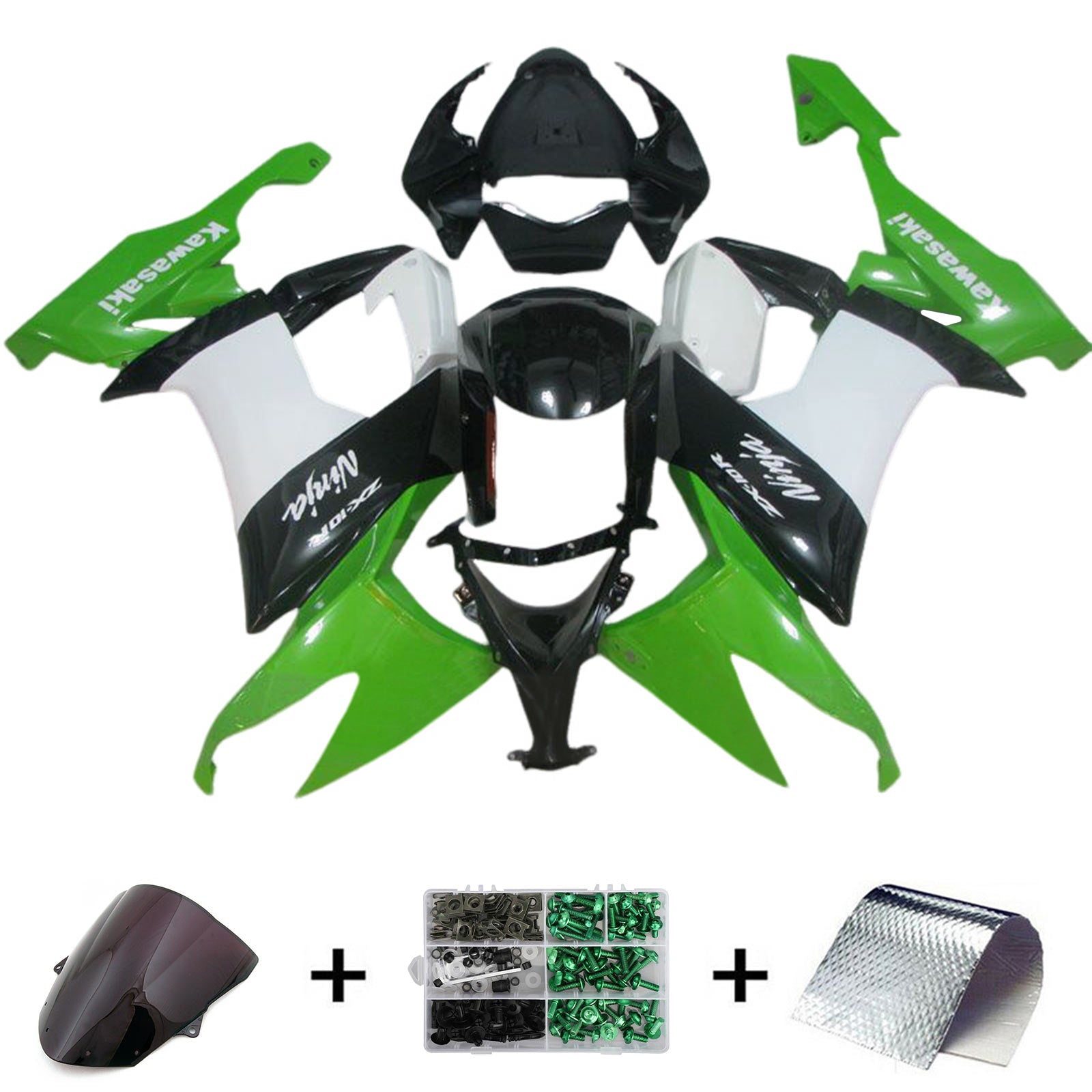 Amotopart 2008-2010 Kawasaki ZX10R Kit de carenado negro verde blanco