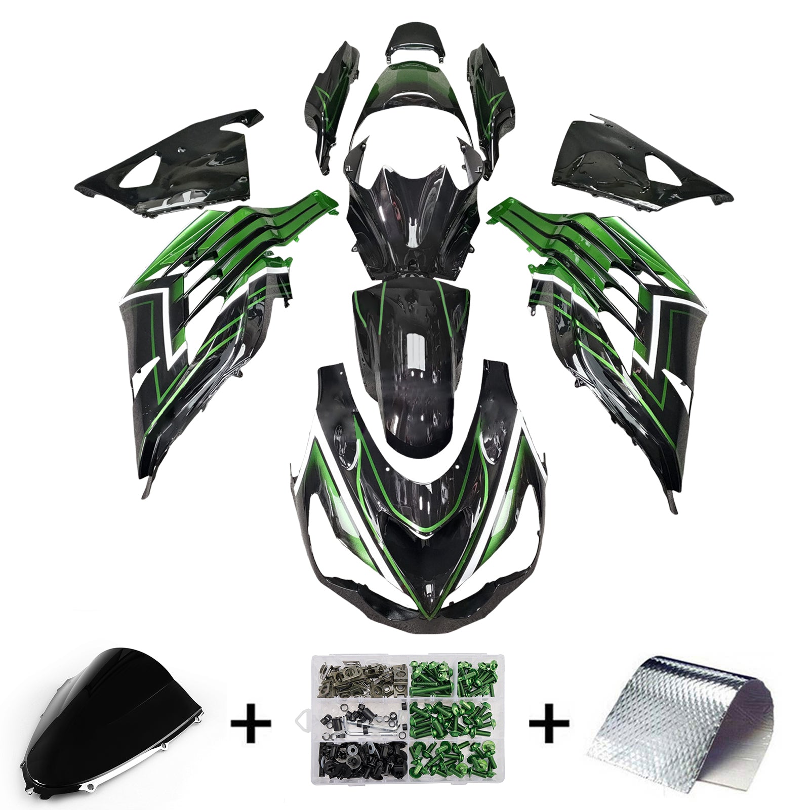 Amotopart 2012-2025 Kawasaki ZX14R ZZR1400 Gloss Black Green Fairing Kit