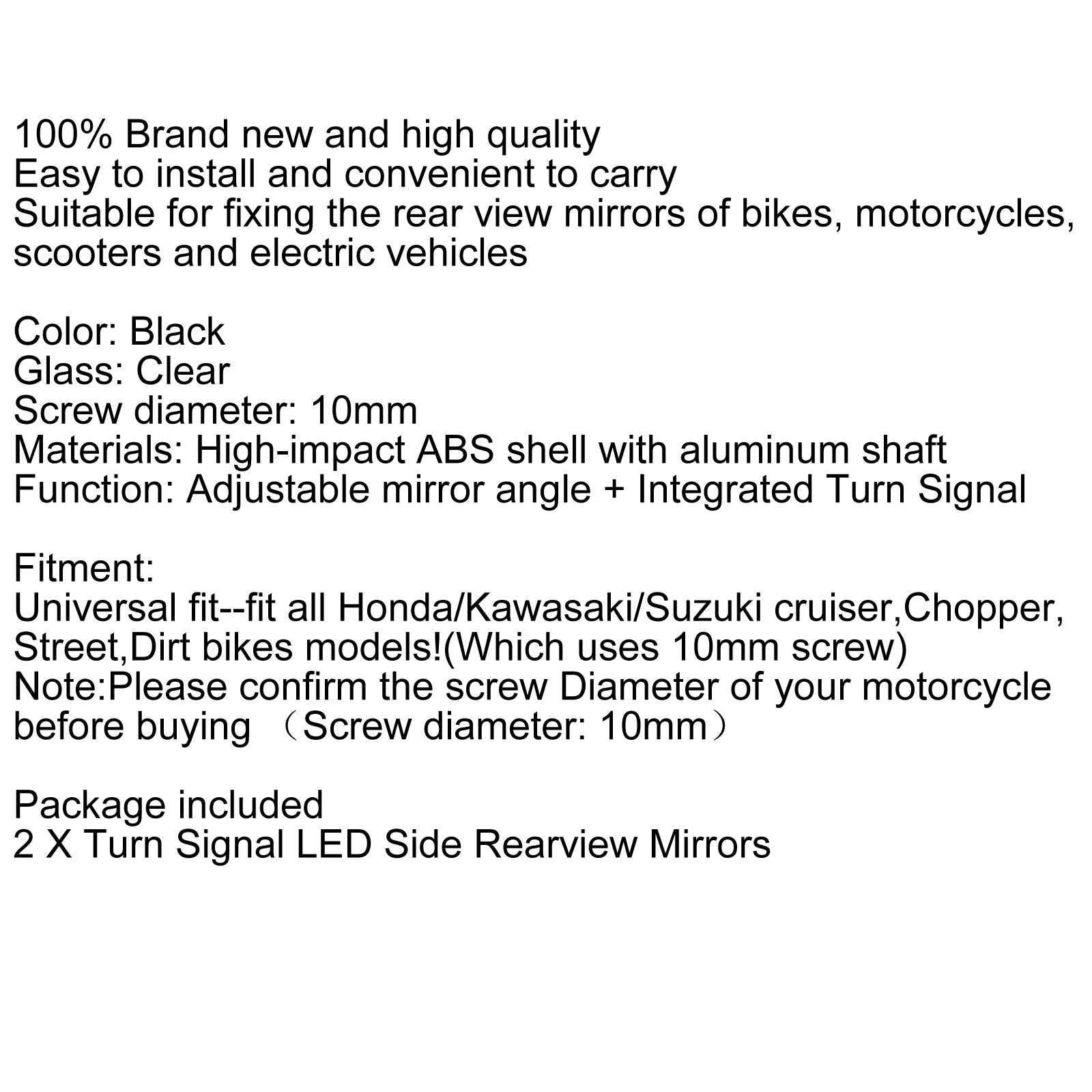 Paar 10 mm Motorrad-LED-Blinker, integrierte Kontrollleuchte, Rückspiegel, Generic