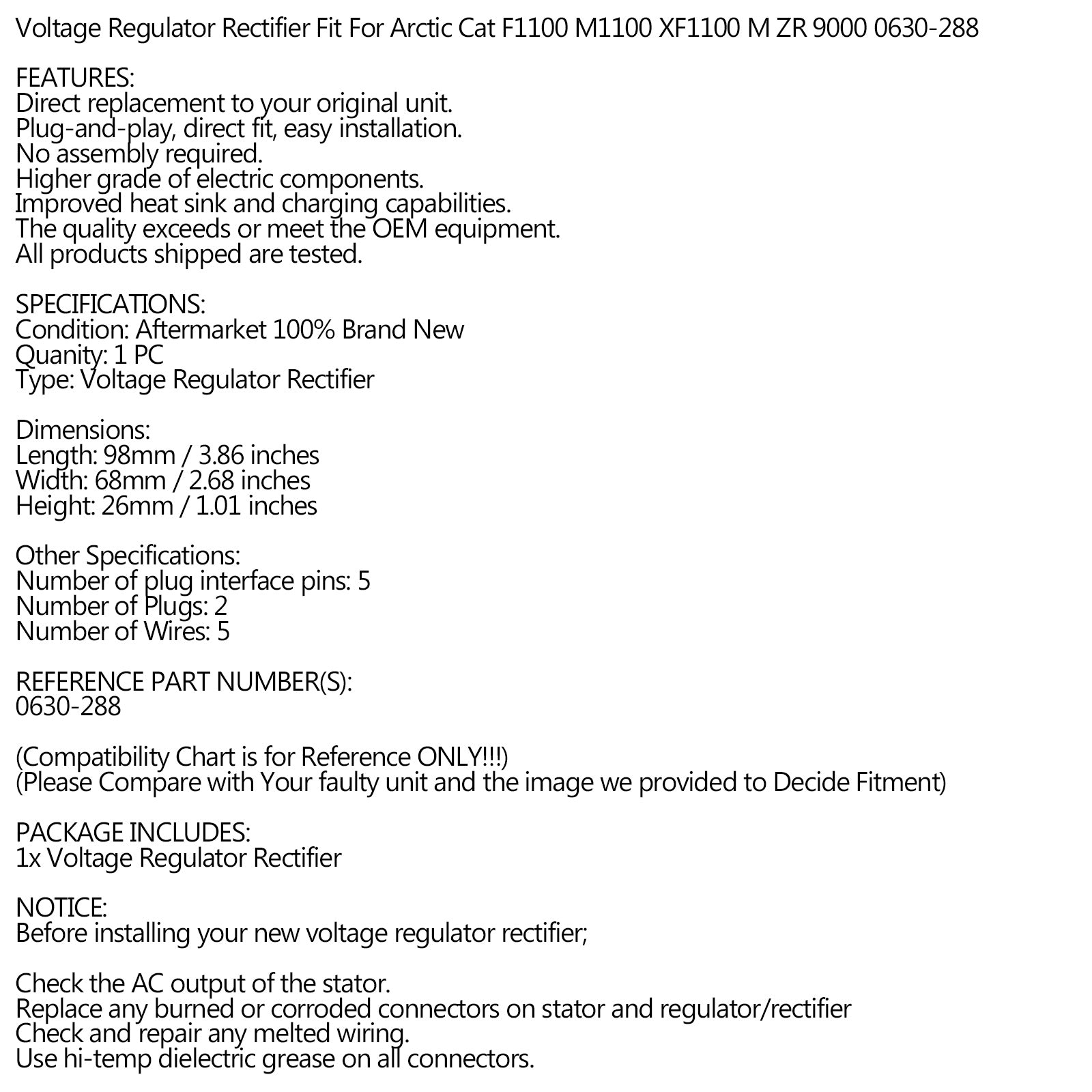 Voltage Regulator Fit for Arctic Cat F XF M 1100 TURBO SNO PRO LXR 0630-288