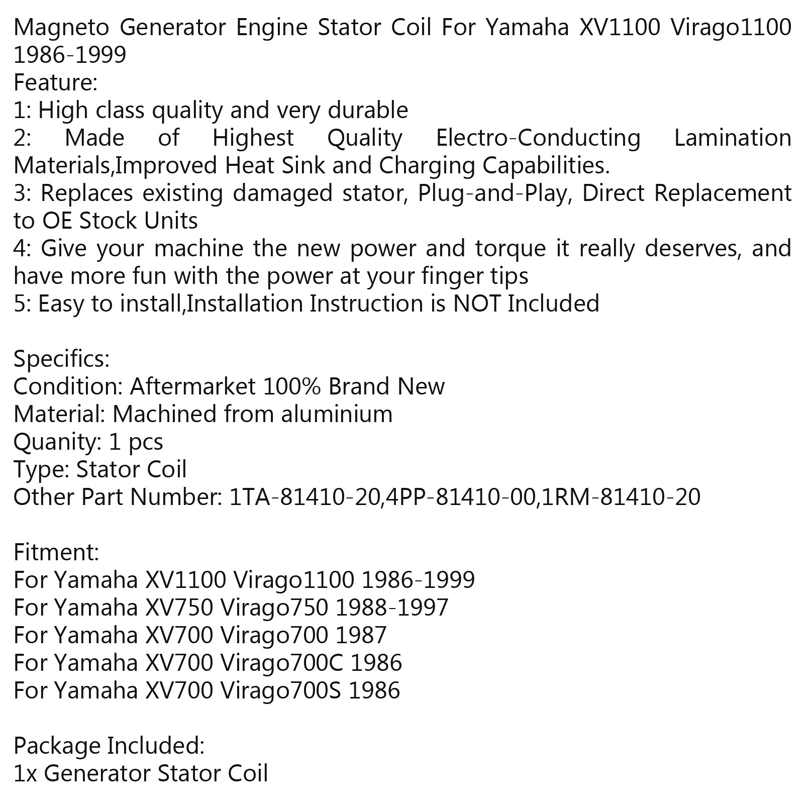 Generator-Statorspule für Yamaha XV1100 Virago1100 1986–1999 XV750 Virago750