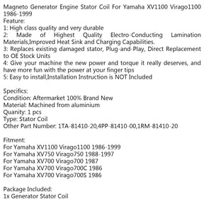 Generator Stator Coil For Yamaha XV1100 Virago1100 1986-1999 XV750 Virago750