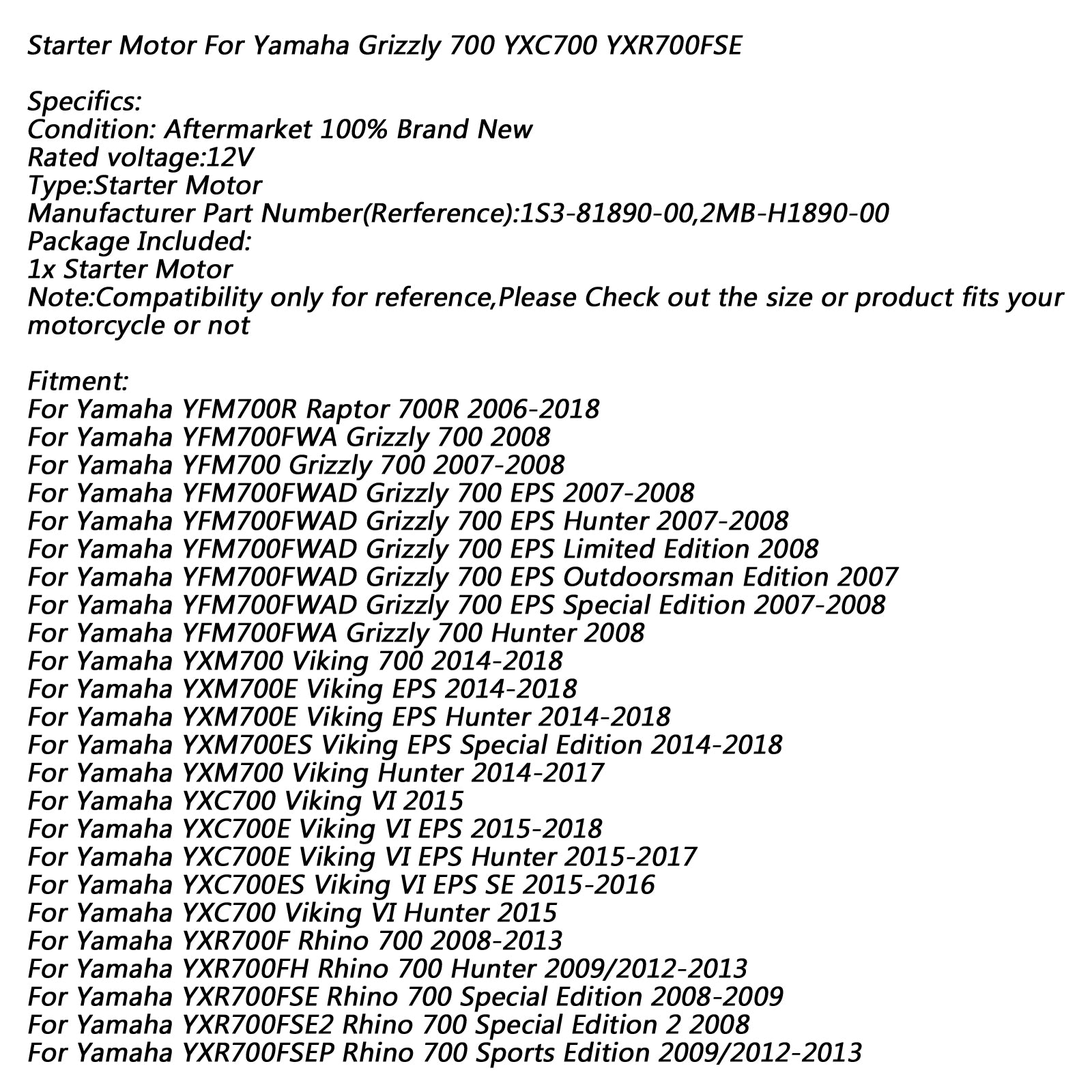 電動スターターモーター ヤマハ YFM ラプター 700R グリズリー YXC700 YXM700 YXR700F 用