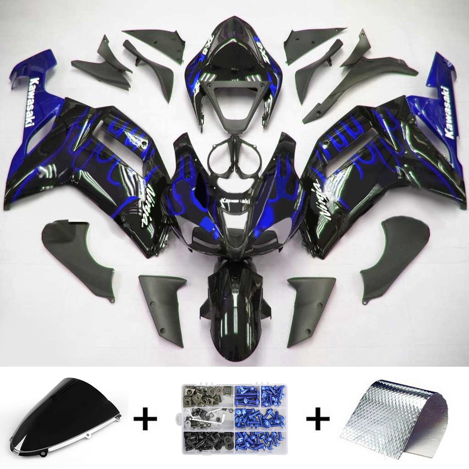 Amotopart Kawasaki 2007–2008 ZX6R 636 Schwarz mit Blue Line Verkleidungsset