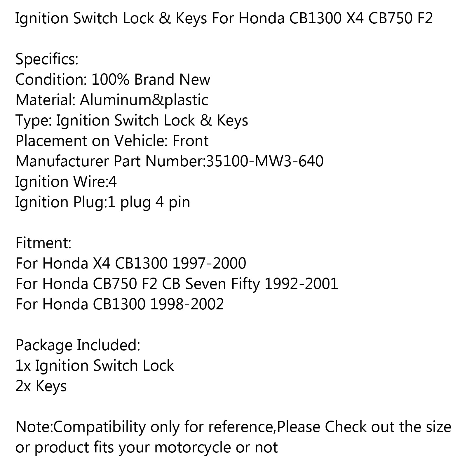 Zündschloss-Sperrschlüssel 35100-MW3-640 für Honda X4 CB1300 CB750 F2