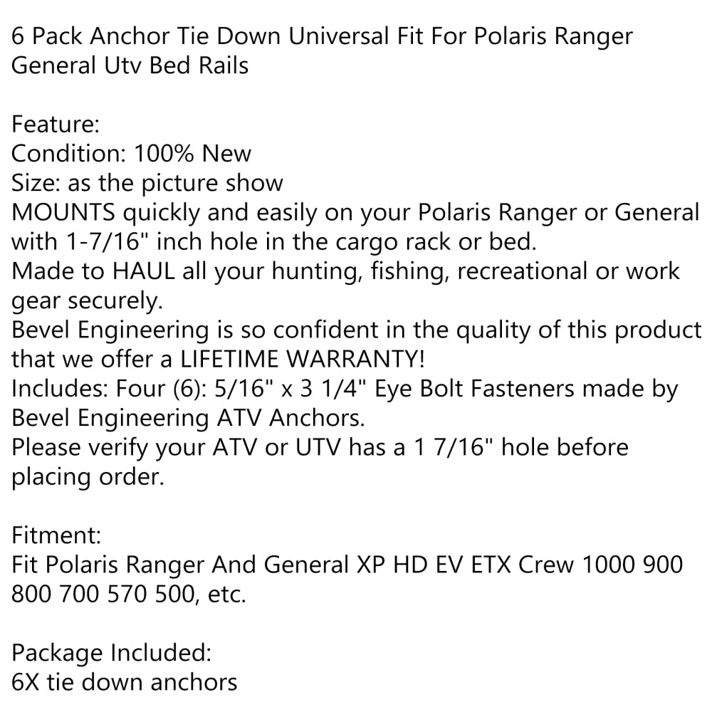 6X Ancoraggi Utv Ancoraggio universale adatto per Polaris Ranger Generale Utv generico