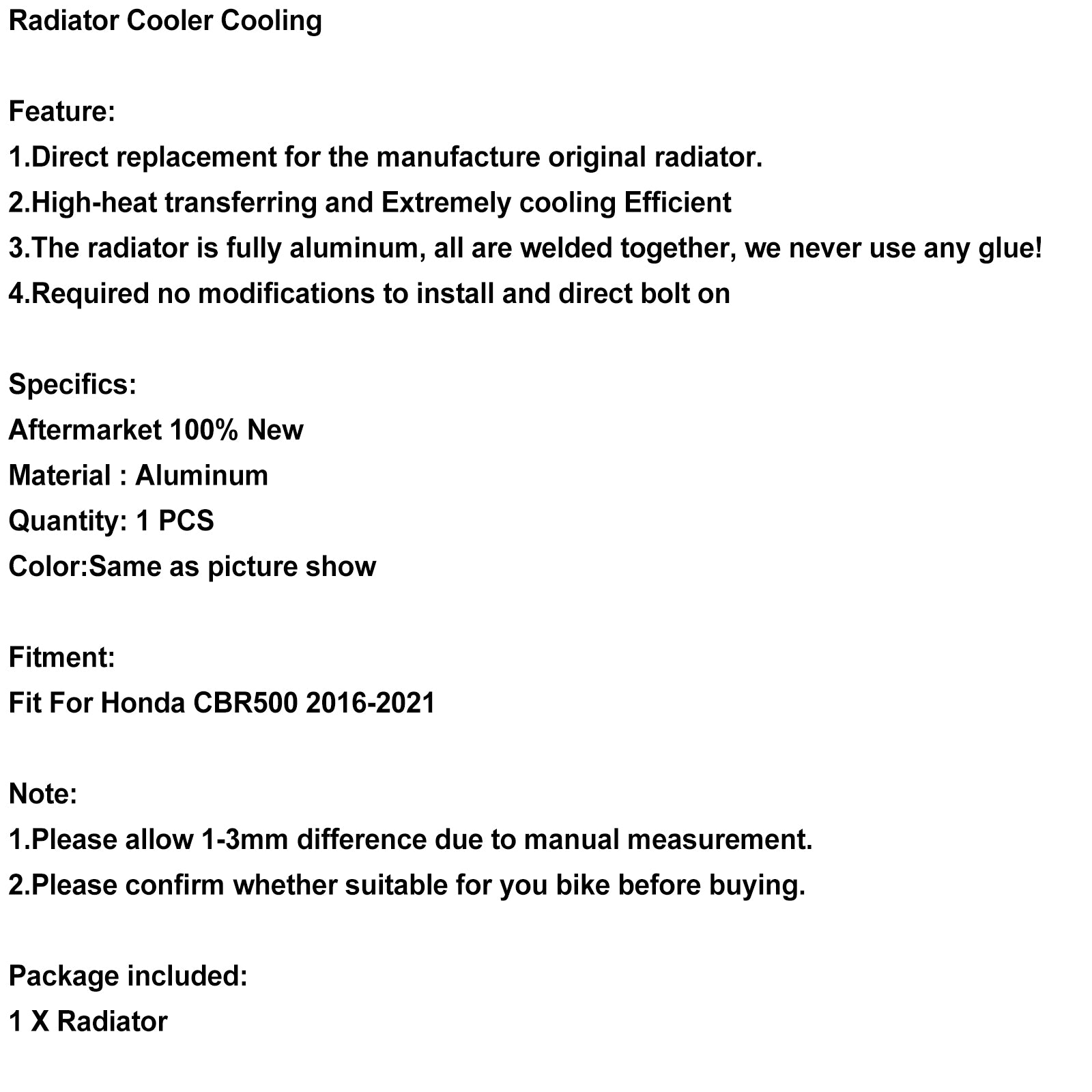 Aluminium-Kühler, Kühler, passend für Honda CBR500 CBR 500 2016–2021