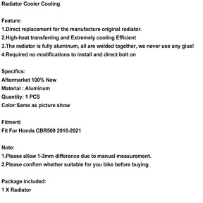 Dispositivo di raffreddamento del radiatore in alluminio adatto per Honda CBR500 CBR 500 2016-2021 DHL
