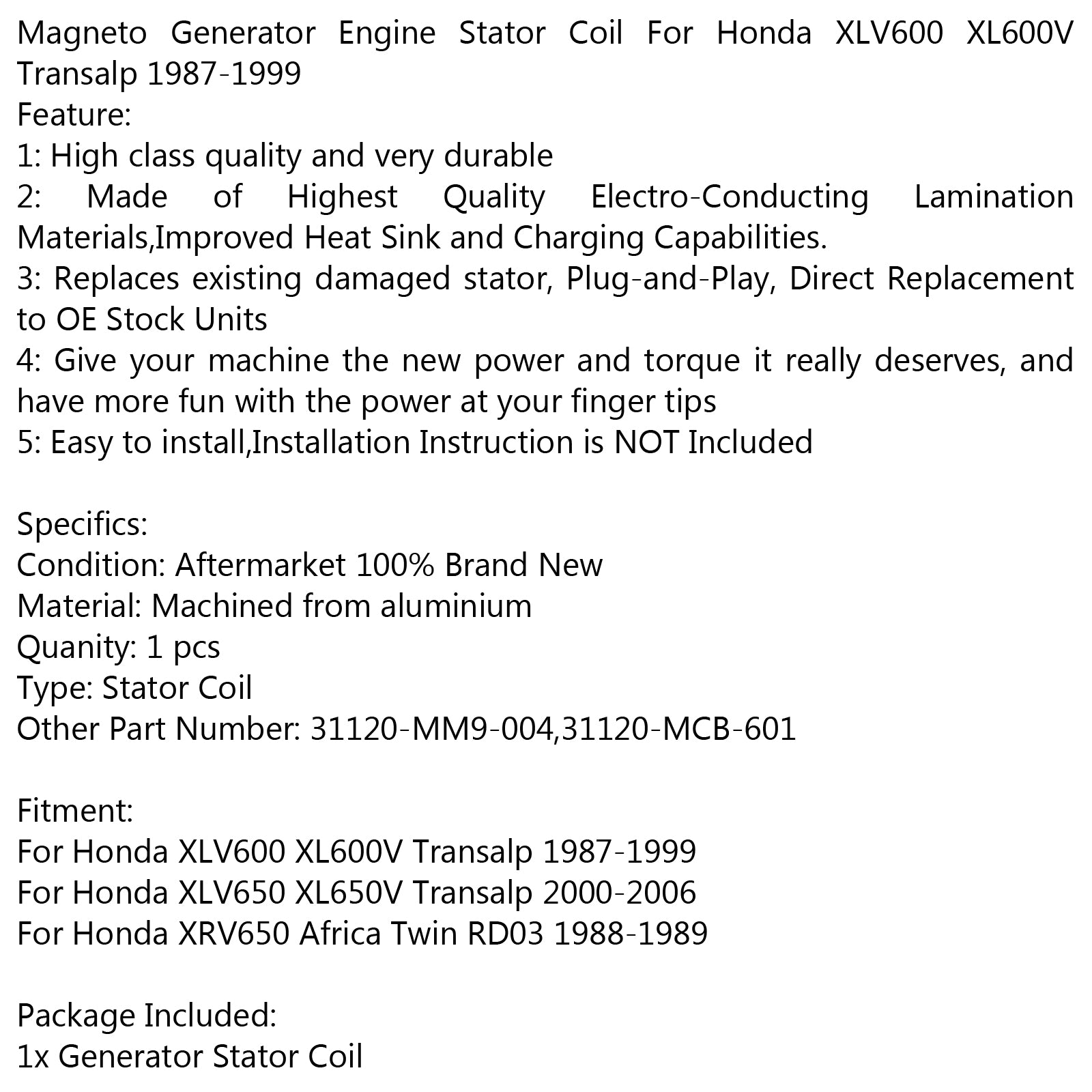 Generator Stator Coil For Honda XLV600 XL600V Transalp 1987-1999 XL650V Transalp via fedex