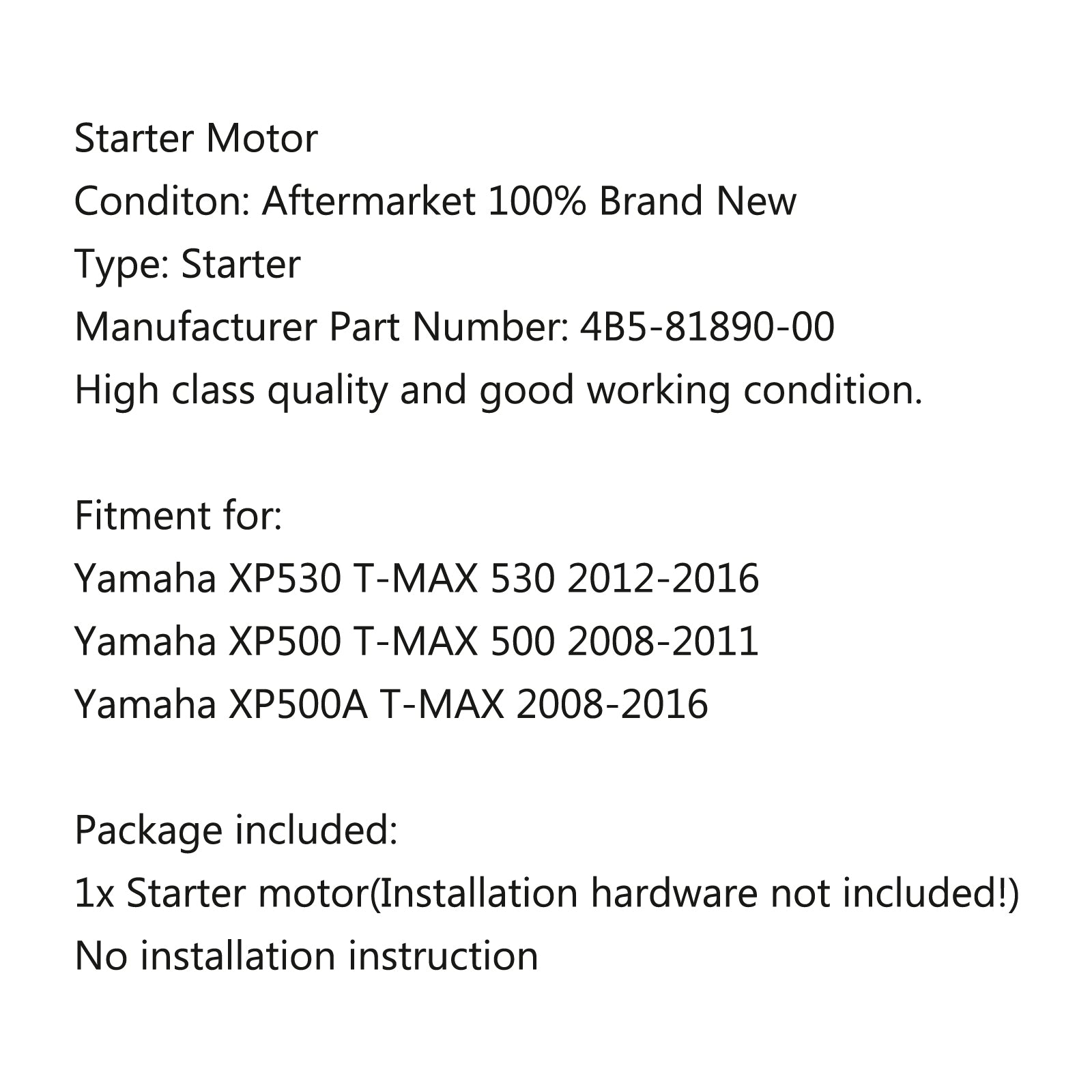Motorstarter für Yamaha XP530 T-MAX 530 2012–2016 XP500 T-MAX 500 2008–2011