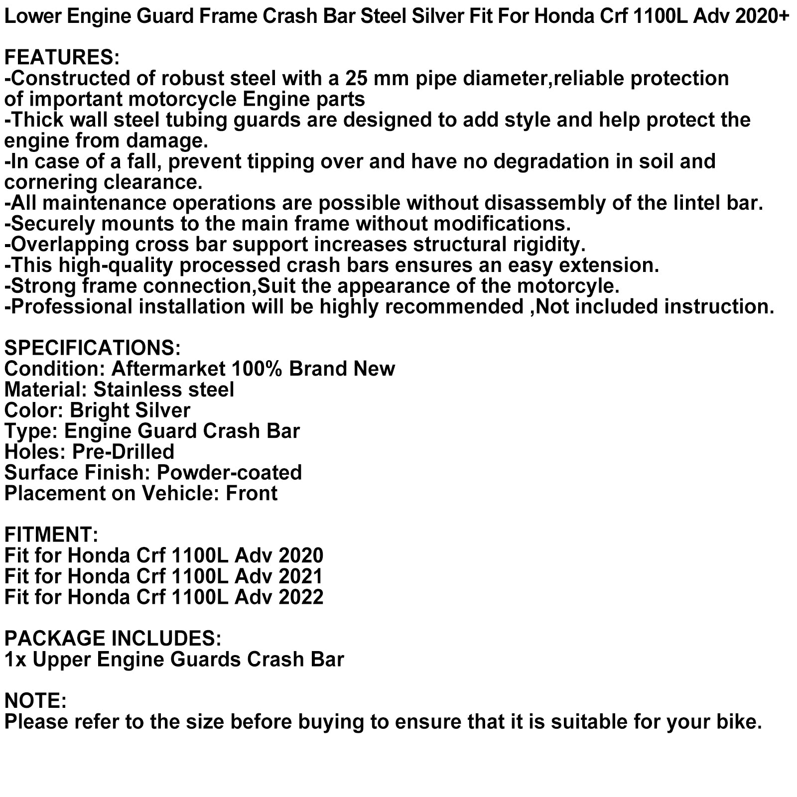 Crash Bar Lower Engine Guard Steel Frame Silver Fit For Honda Crf 1100L Adv 20+ Generic