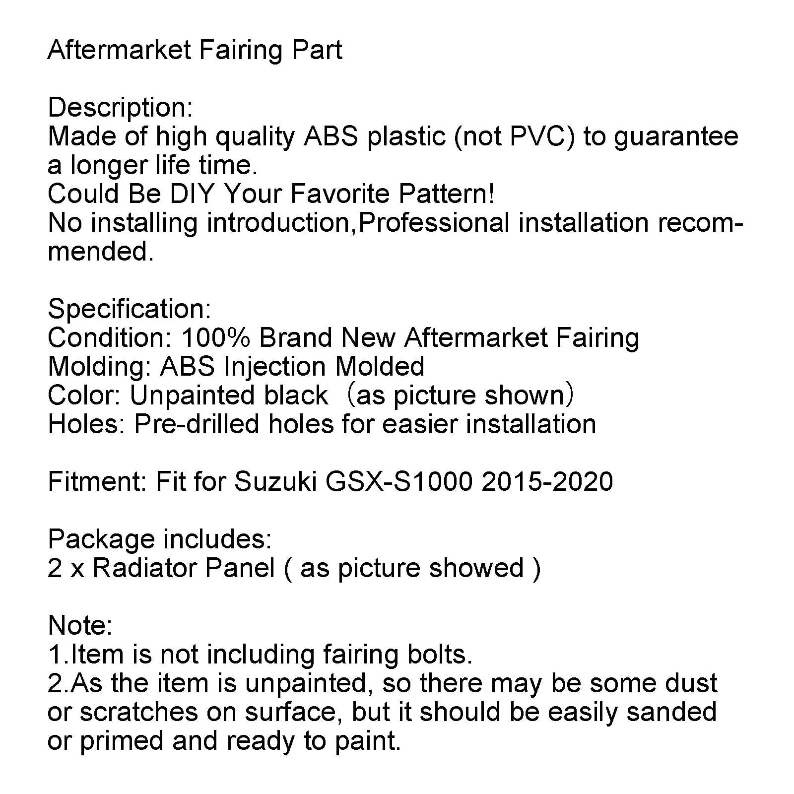 Unlackierte ABS-Kühlerverkleidung für Suzuki GSX-S 1000 2015–2020